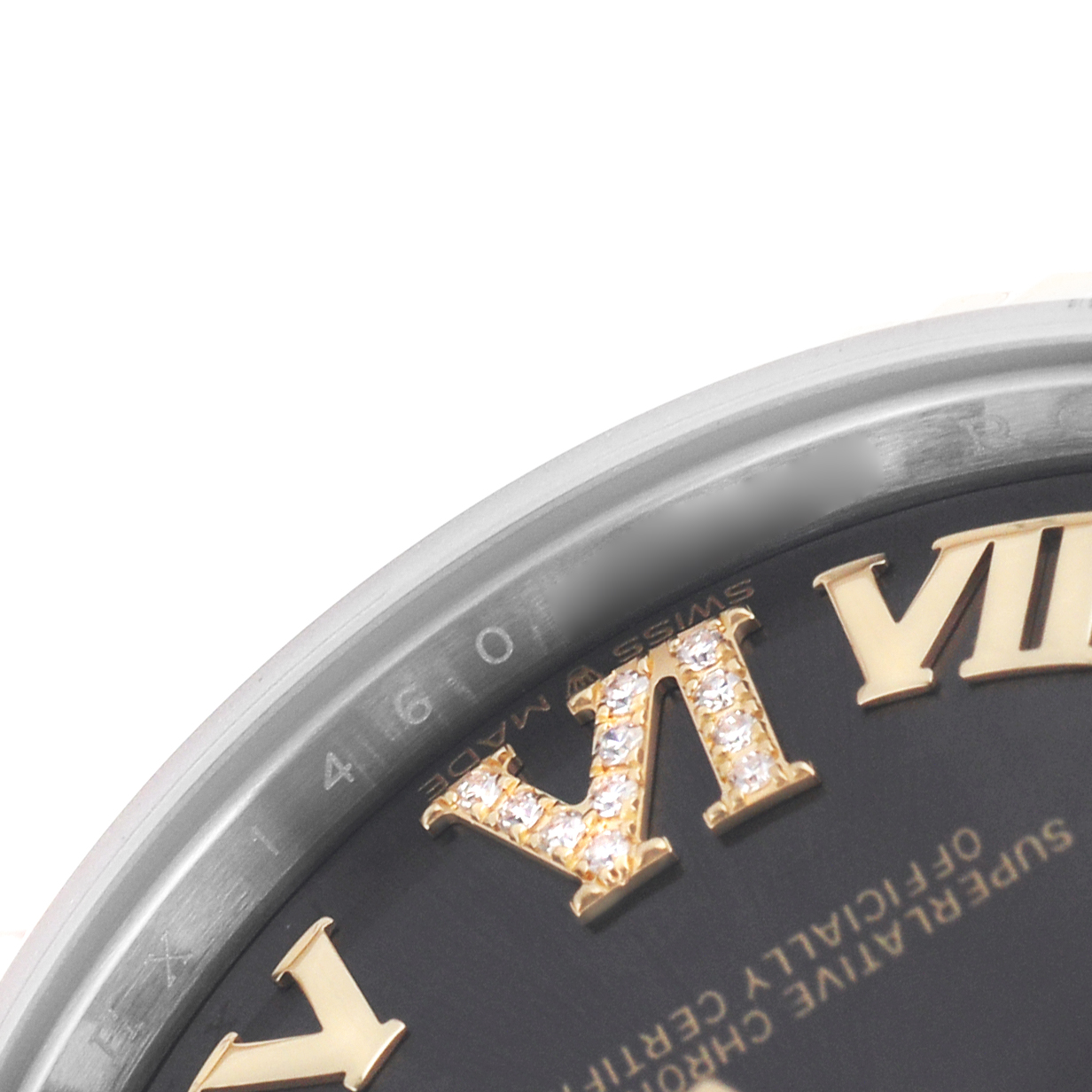 The image shows a close-up of a Rolex Mid-Size 278273 Women's Steel and Gold (two tone) Brown Dial watch face, highlighting the Roman numerals and diamond embellishments.