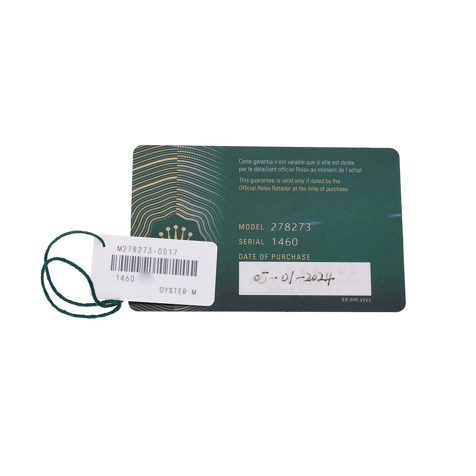The image shows a Rolex warranty card for the Mid-Size model 278273, with model and serial details visible.