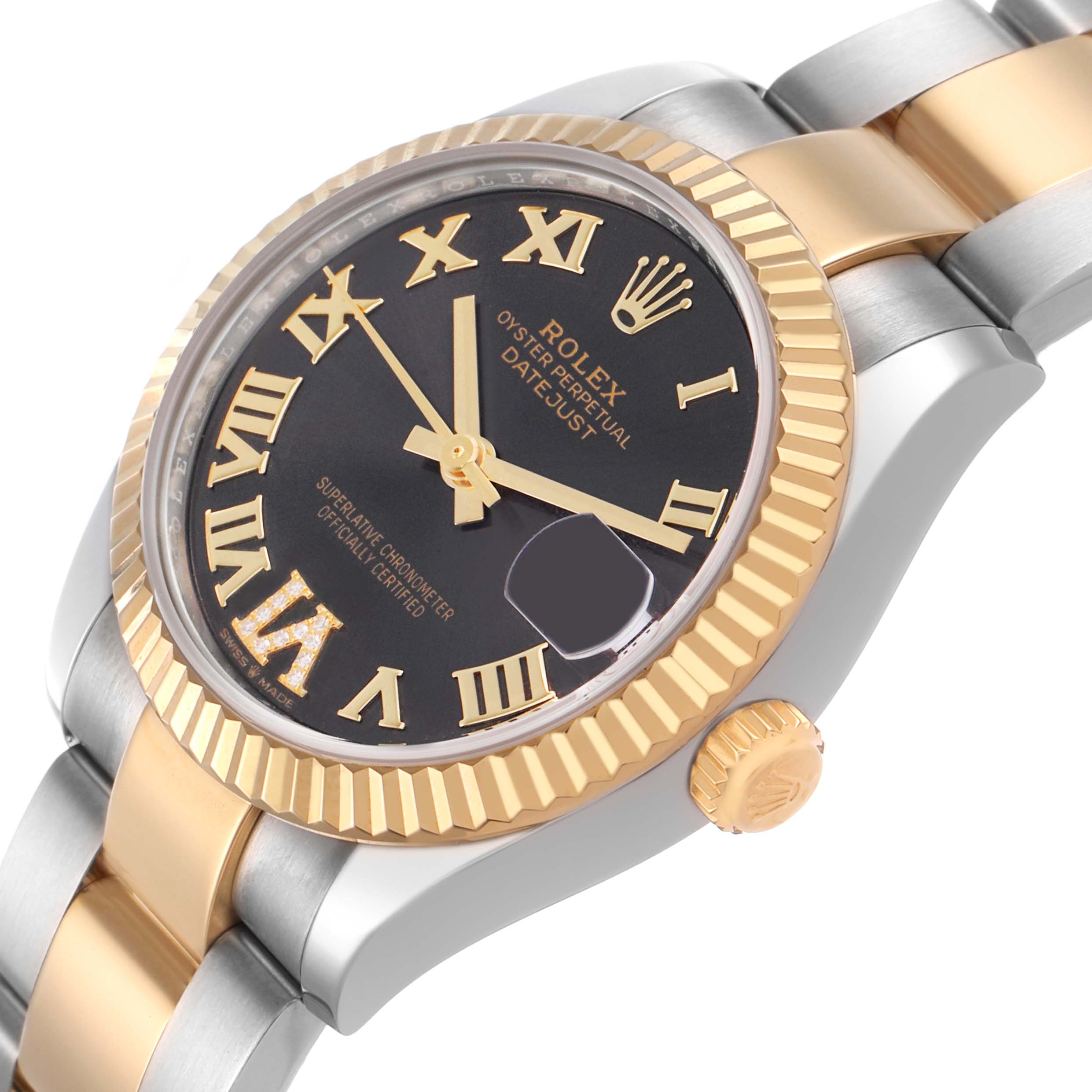 The Rolex Mid-Size 278273 Women's Steel and Gold (two tone) Brown Dial watch is shown at an angle highlighting the bezel, crown, and dial with Roman numerals.