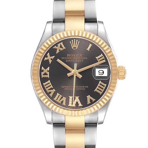 The Rolex Mid-Size 278273 Women's Steel and Gold (two tone) Brown Dial Datejust is shown from a frontal angle, highlighting the face, bezel, and part of the bracelet.