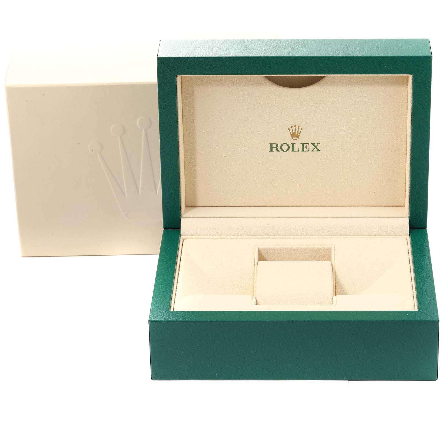This image shows the open box for a Rolex Datejust 116243 Men's Steel and Gold (two tone) Silver Dial 116243 Men's Steel and Gold (two tone) Silver Dial watch, highlighting its interior compartments.