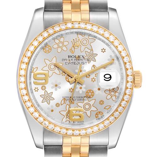 The Rolex Datejust 116243 Men's Steel and Gold (two tone) Silver Dial 116243 Men's Steel and Gold (two tone) Silver Dial watch is shown from a frontal angle, displaying its floral dial, diamond bezel, and two-tone bracelet.