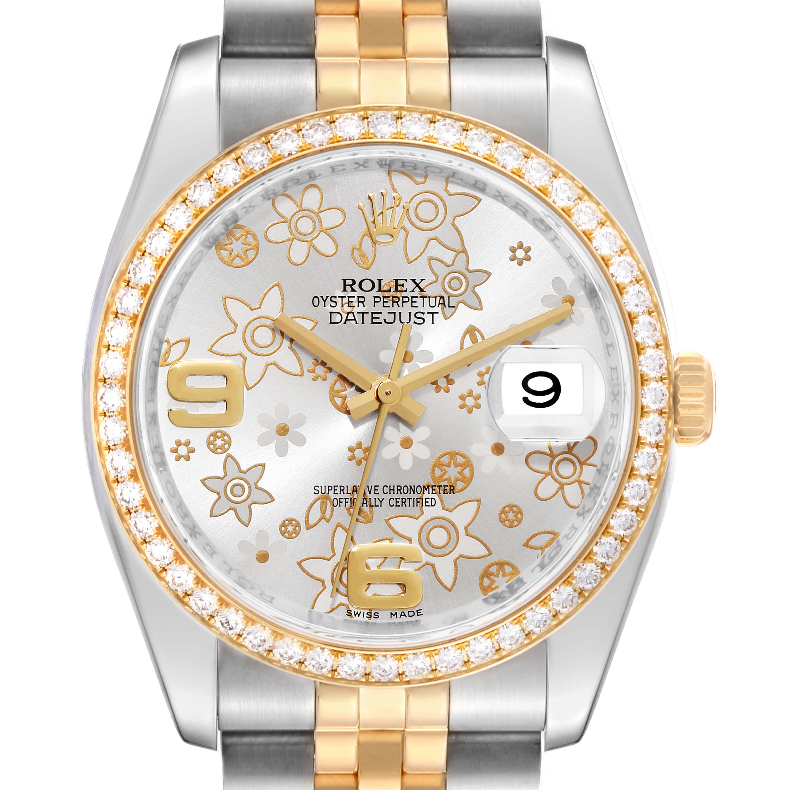 This Rolex Datejust 116243 Men's Steel and Gold (two tone) Silver Dial 116243 Men's Steel and Gold (two tone) Silver Dial watch is shown from the front, highlighting the floral-patterned dial, bezel with diamonds, and two-tone bracelet.