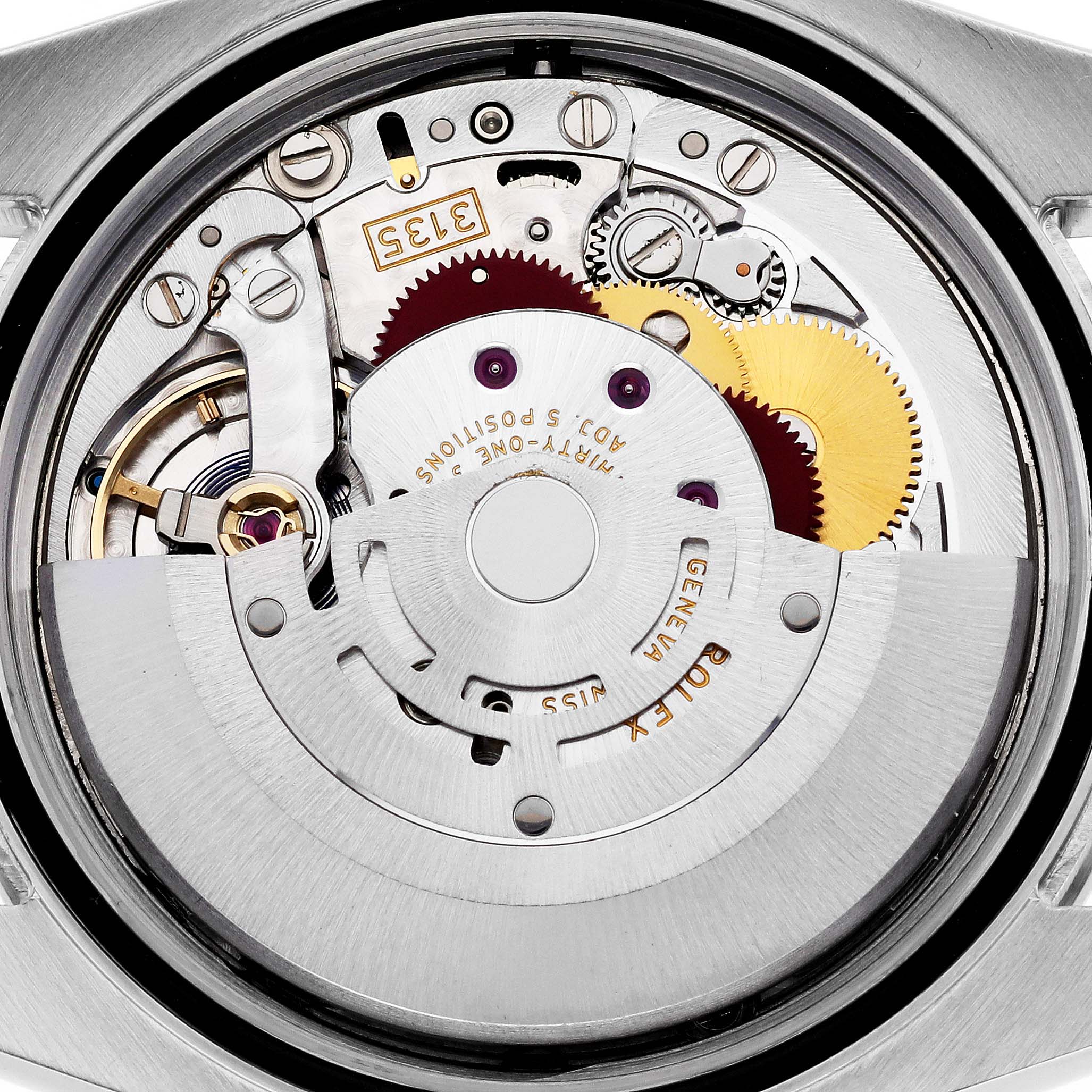 The image shows the movement of a Rolex Datejust 116243 Men's Steel and Gold (two tone) Silver Dial 116243 Men's Steel and Gold (two tone) Silver Dial watch viewed from the back, highlighting gears and mechanisms.