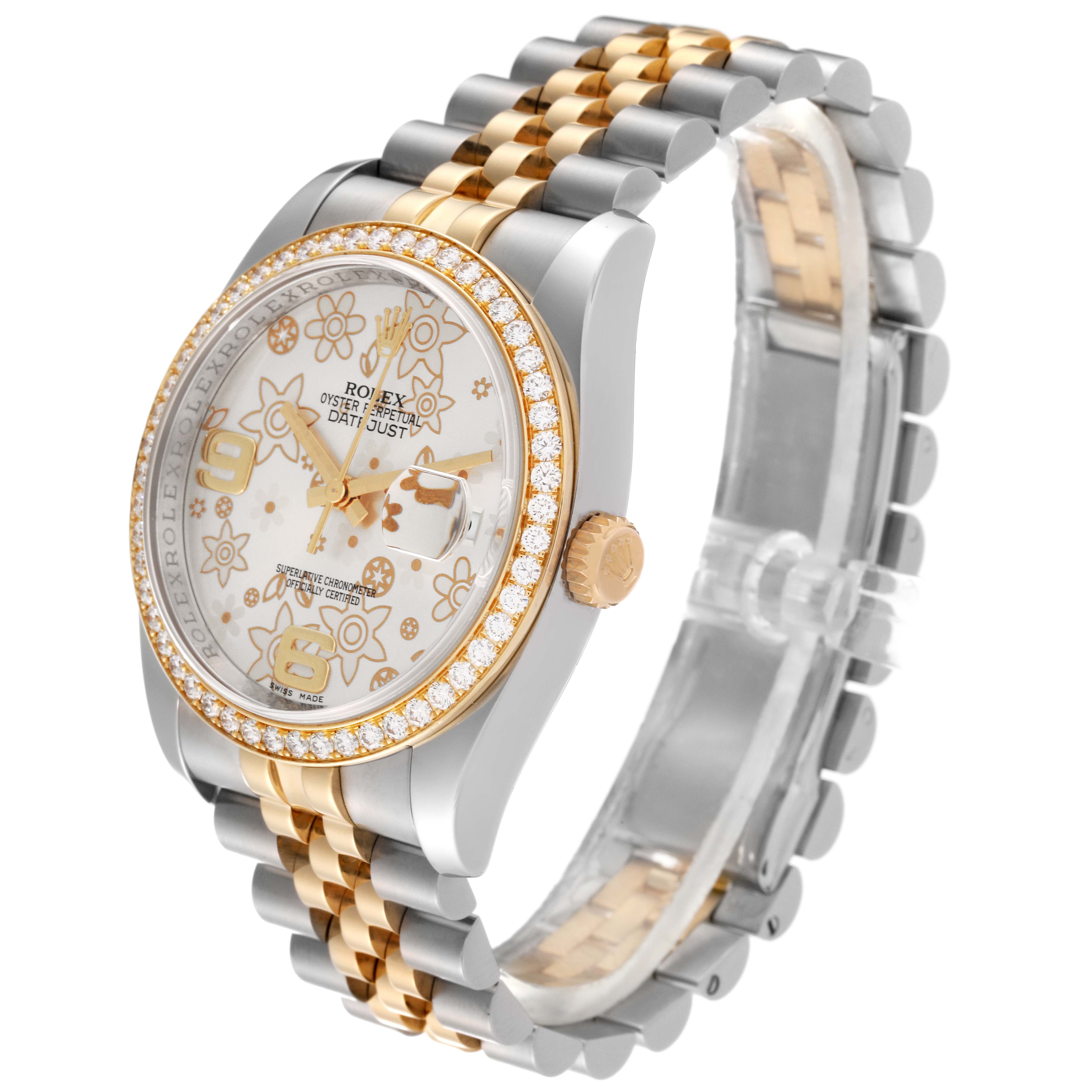 The Rolex Datejust 116243 Men's Steel and Gold (two tone) Silver Dial 116243 Men's Steel and Gold (two tone) Silver Dial watch is shown at a slight angle, highlighting the gold and silver bracelet, jeweled bezel, and floral dial design.