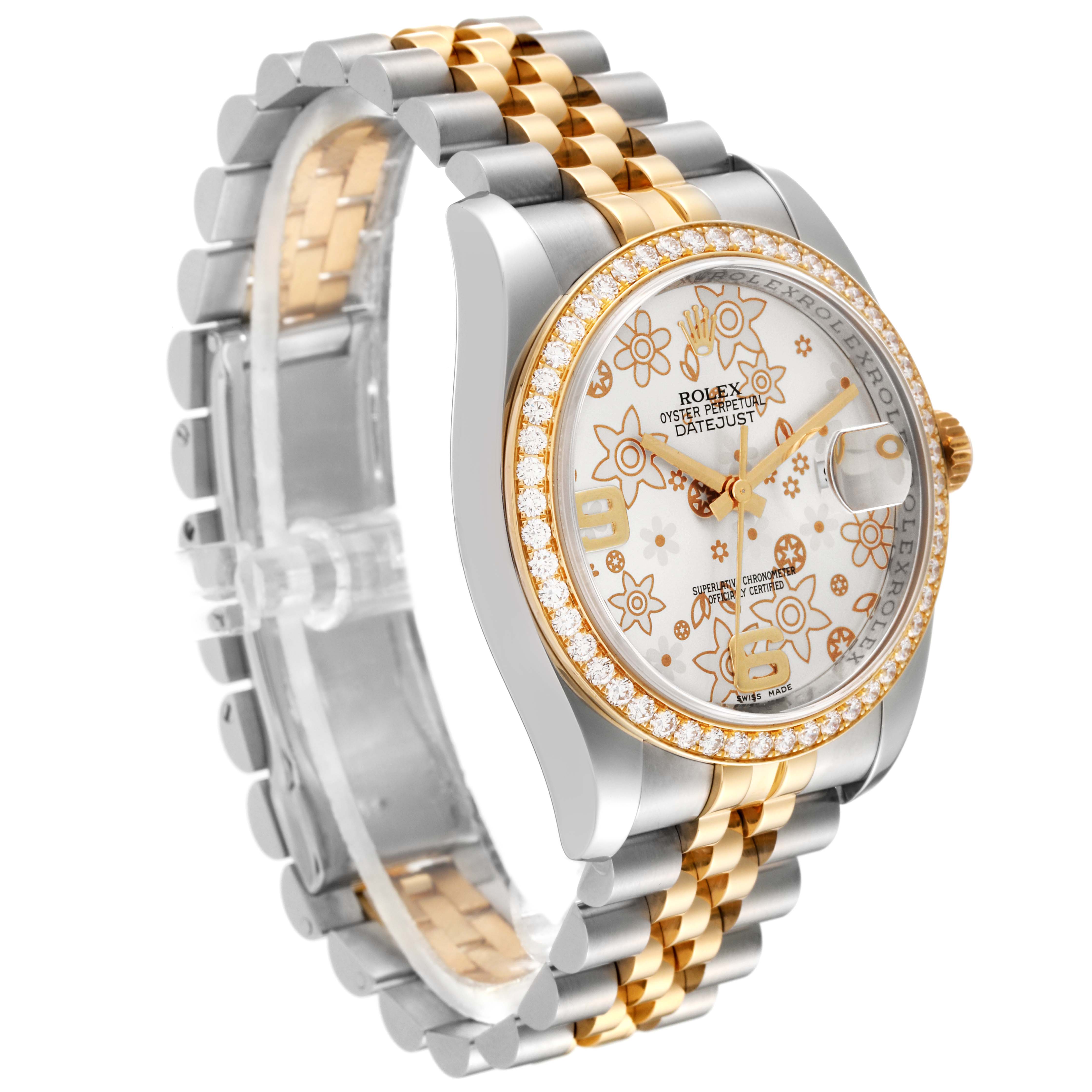 The Rolex Datejust 116243 Men's Steel and Gold (two tone) Silver Dial 116243 Men's Steel and Gold (two tone) Silver Dial watch is shown at a three-quarter angle, highlighting its dial, bezel, and bracelet.