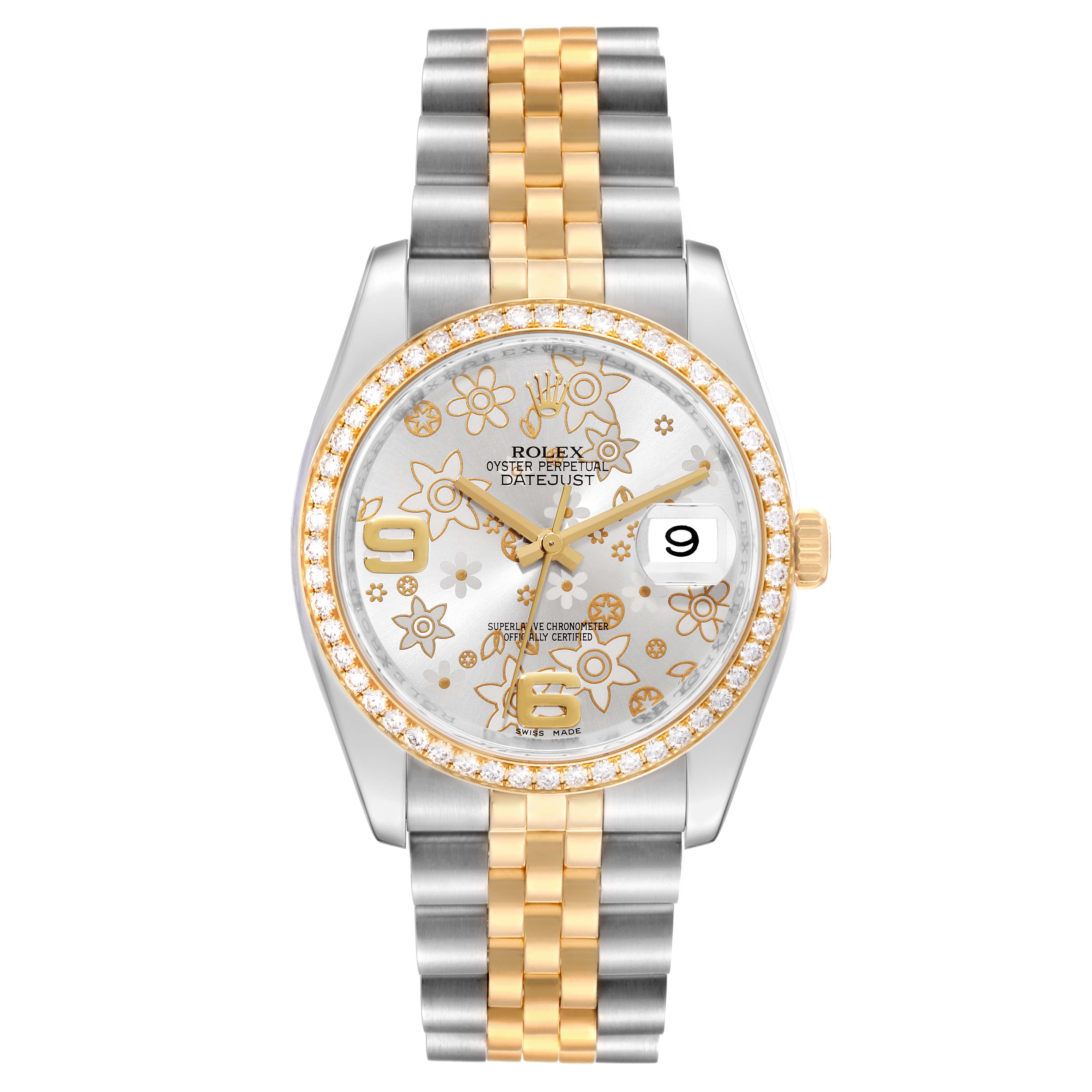 The Rolex Datejust 116243 Men's Steel and Gold (two tone) Silver Dial 116243 Men's Steel and Gold (two tone) Silver Dial watch is shown from the front, displaying its floral-patterned dial, diamond bezel, and two-tone bracelet.