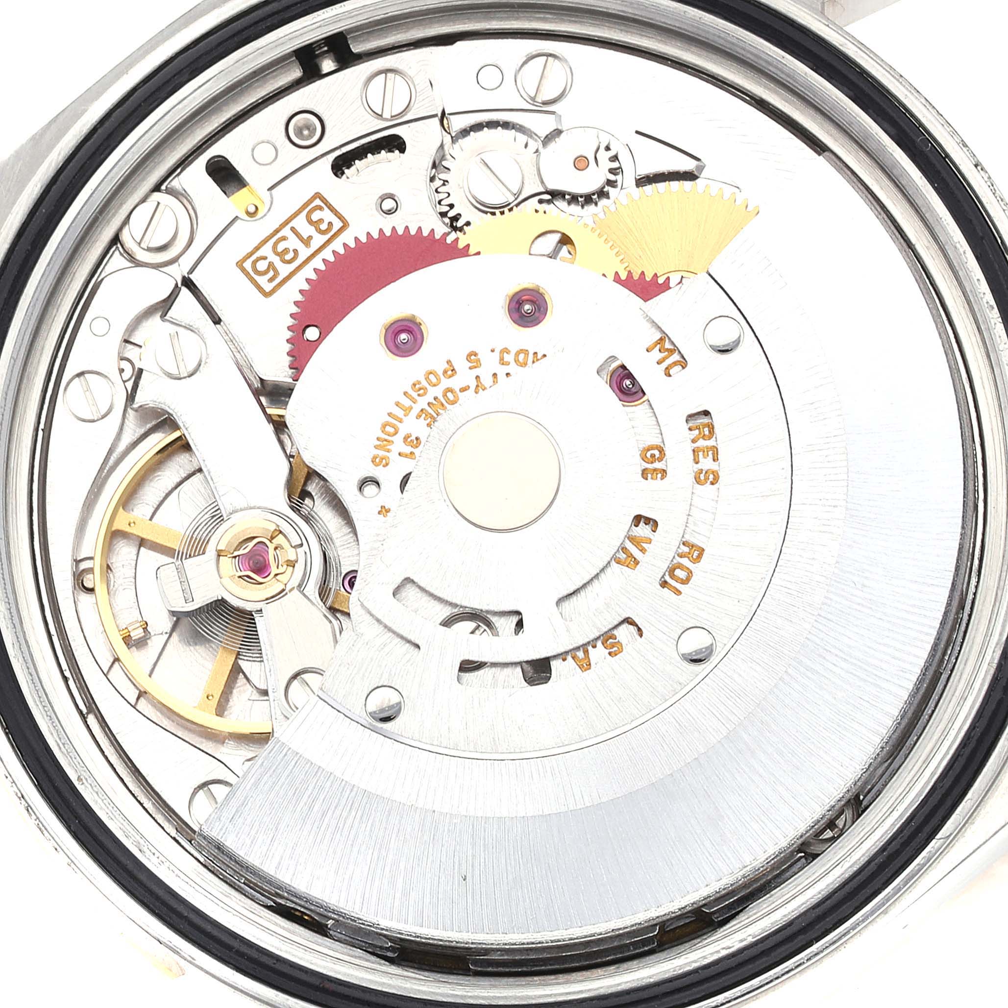 The image shows the internal movement mechanism of a Rolex Datejust 16233 Men's Steel and Gold (two tone) Champagne Dial 16233 Men's Steel and Gold (two tone) Champagne Dial watch from the back view.