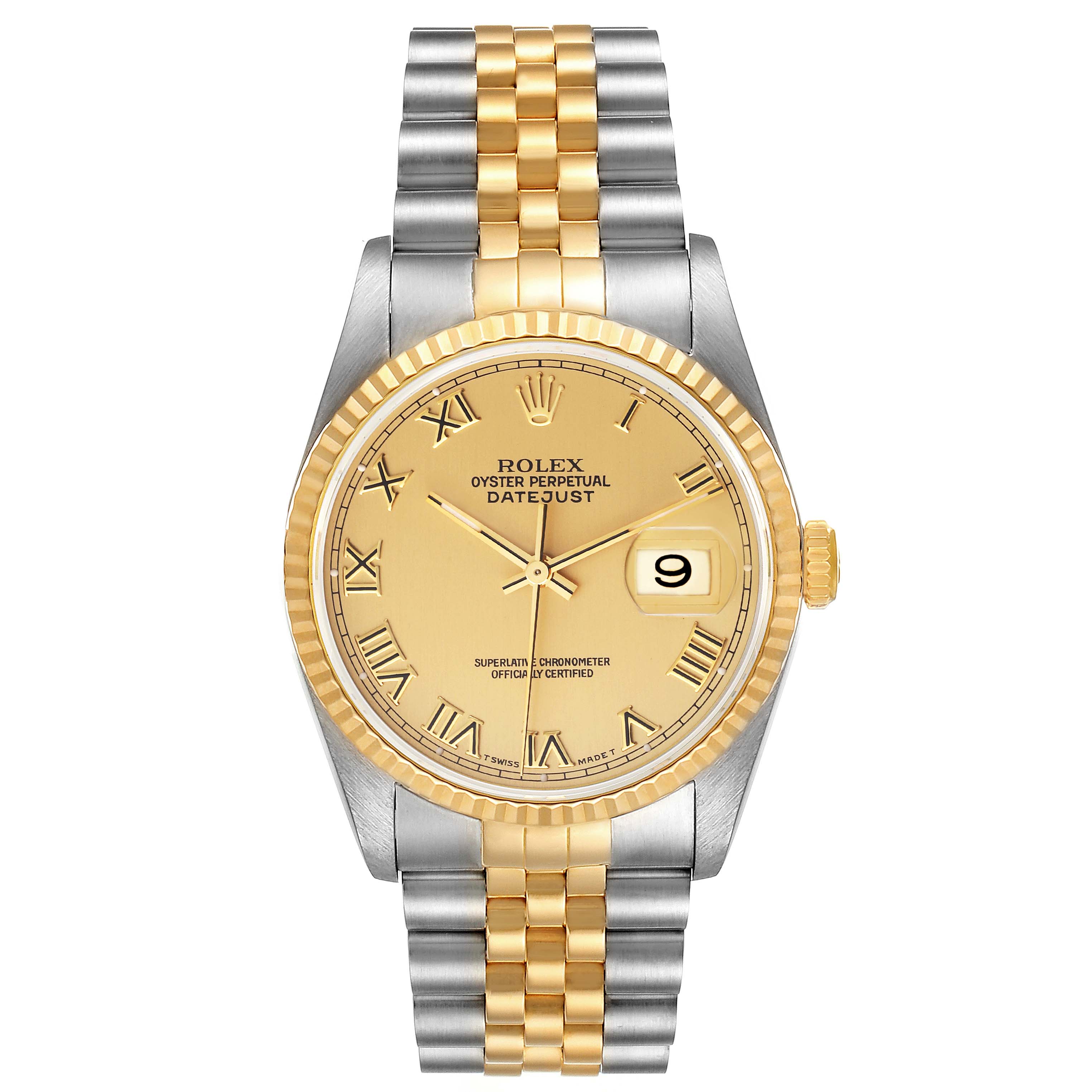 This image shows a Rolex Datejust 16233 Men's Steel and Gold (two tone) Champagne Dial 16233 Men's Steel and Gold (two tone) Champagne Dial watch from a front view, including its face, bezel, and two-tone bracelet.