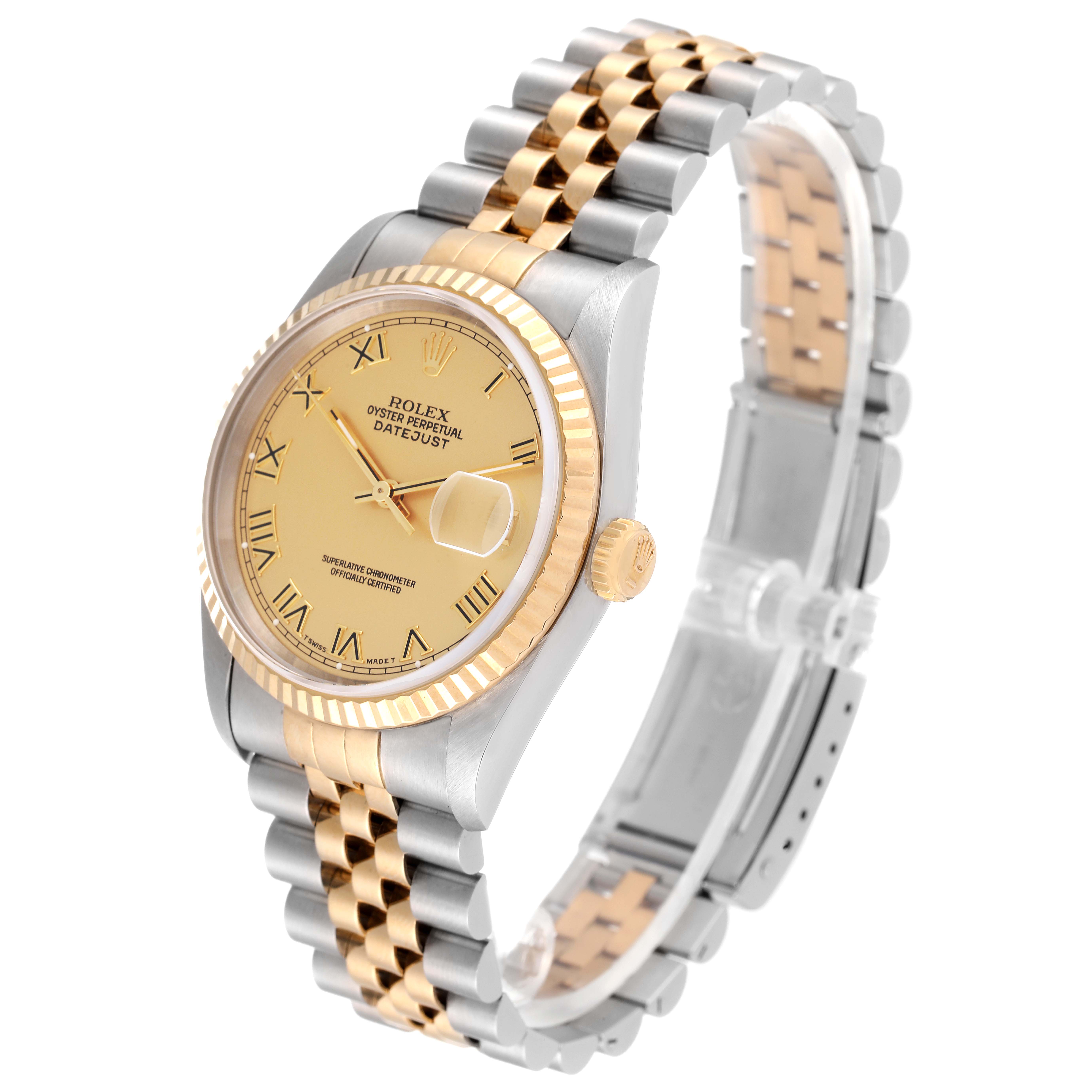 The image shows a side and front angle of a Rolex Datejust 16233 Men's Steel and Gold (two tone) Champagne Dial 16233 Men's Steel and Gold (two tone) Champagne Dial watch, highlighting the two-tone bracelet, bezel, and dial.