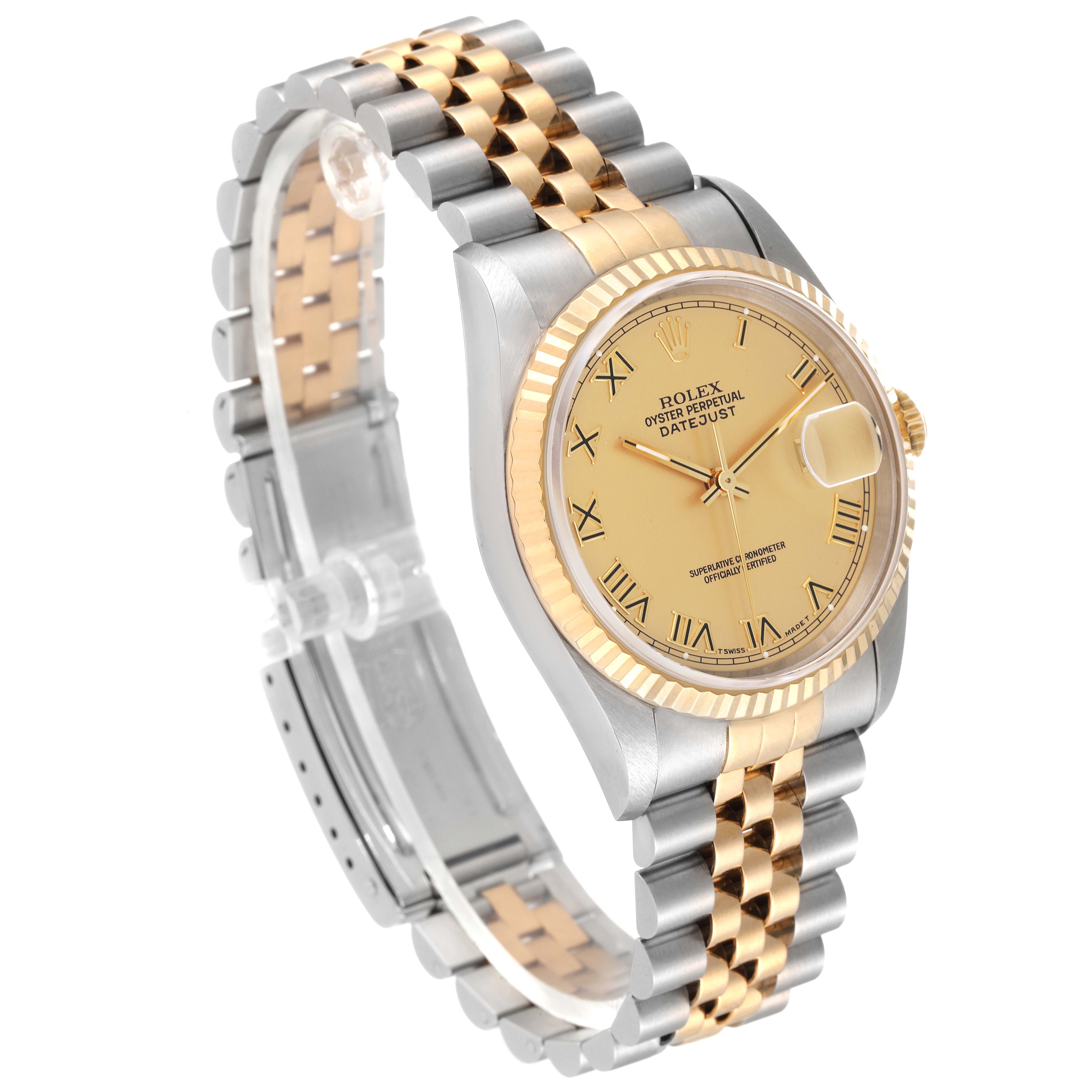 This image shows a side angle of the Rolex Datejust 16233 Men's Steel and Gold (two tone) Champagne Dial 16233 Men's Steel and Gold (two tone) Champagne Dial watch featuring a fluted bezel and a two-tone Jubilee bracelet.