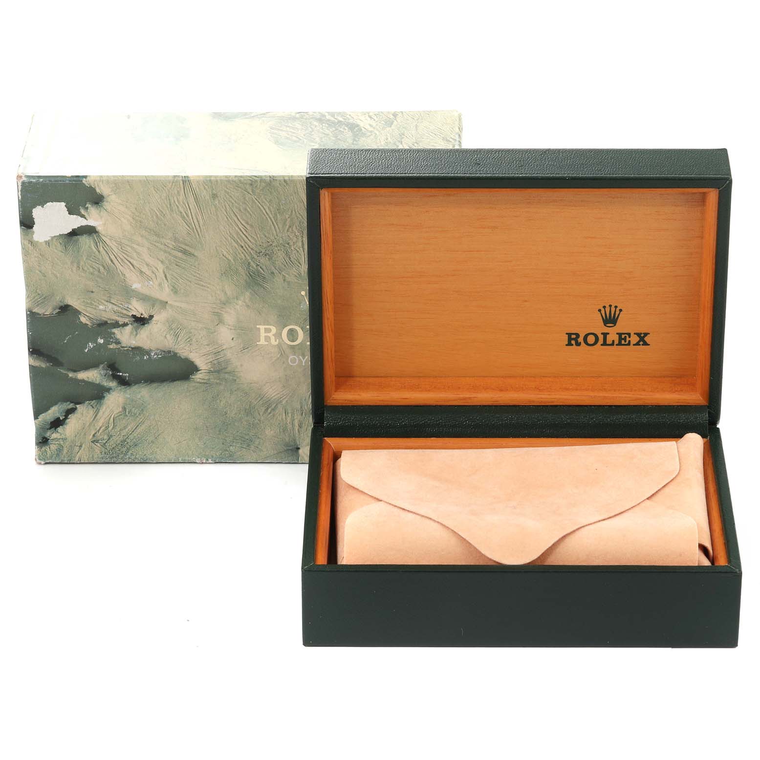 This image shows the Rolex Datejust 16233 Men's Steel and Gold (two tone) Champagne Dial 16233 Men's Steel and Gold (two tone) Champagne Dial watch box, featuring the outer sleeve and inner wooden-lined presentation box with a pouch inside.