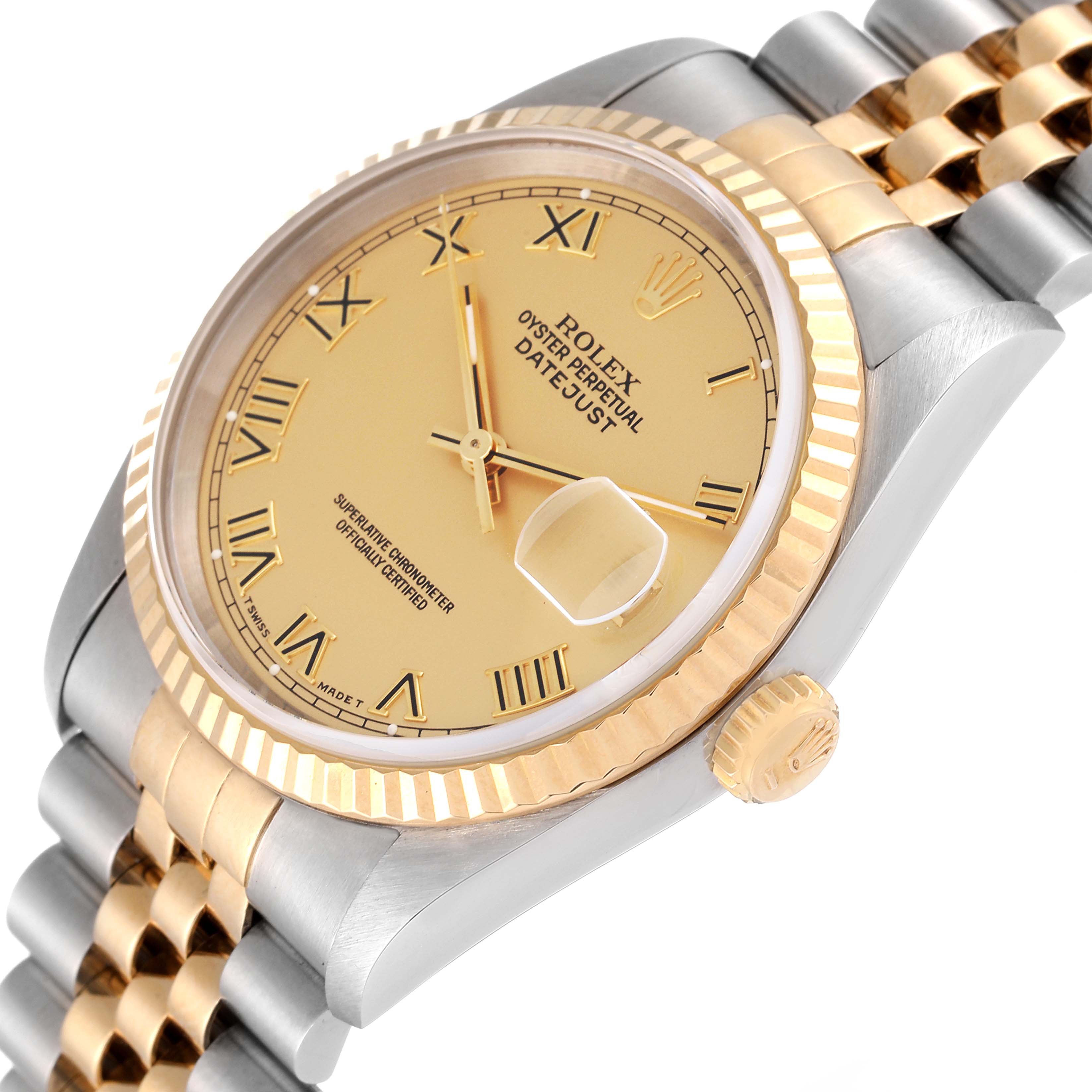 The image shows a Rolex Datejust 16233 Men's Steel and Gold (two tone) Champagne Dial 16233 Men's Steel and Gold (two tone) Champagne Dial watch at an angle, highlighting its dial, bezel, crown, and part of the bracelet.