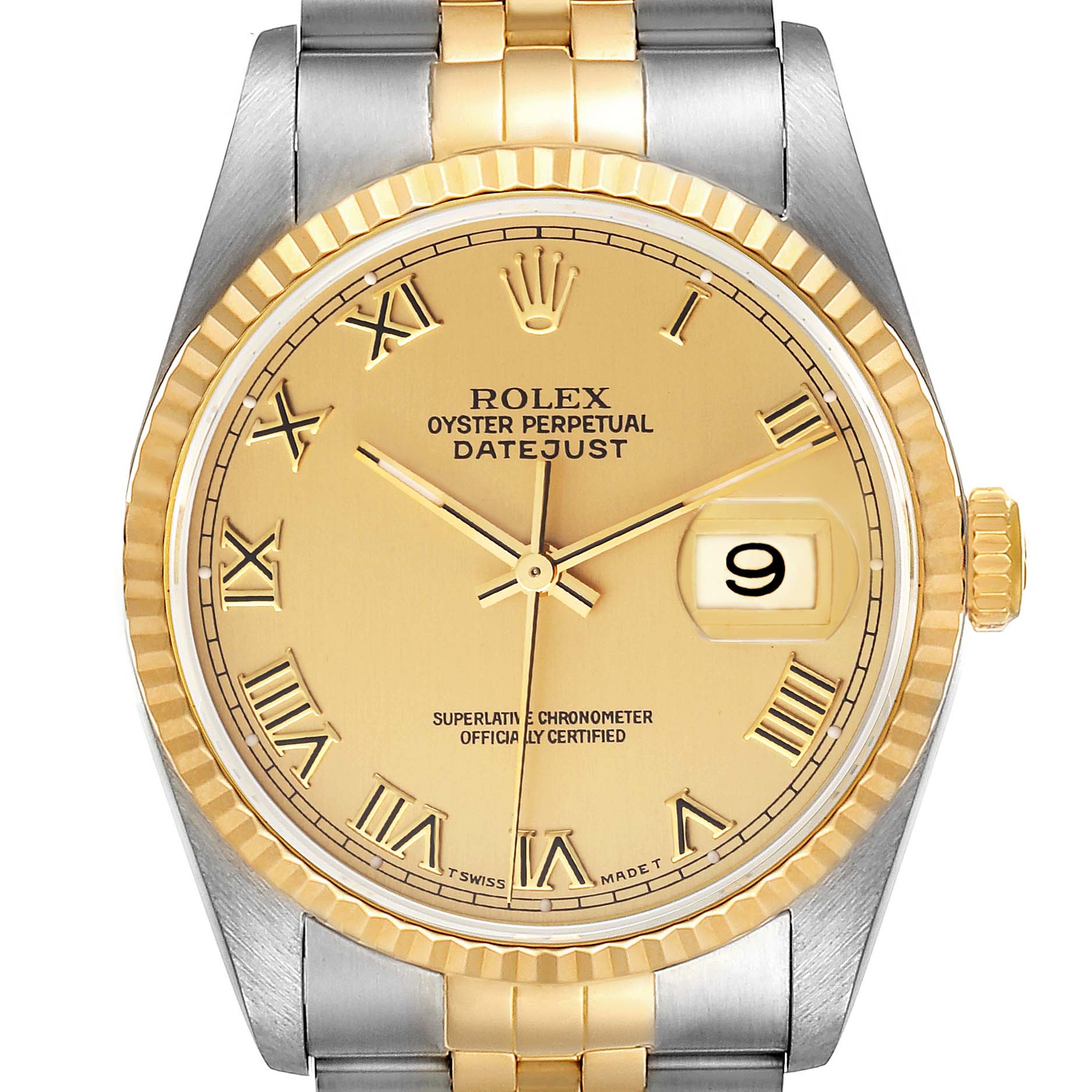 The image shows a front view of a Rolex Datejust 16233 Men's Steel and Gold (two tone) Champagne Dial 16233 Men's Steel and Gold (two tone) Champagne Dial watch, highlighting the dial, bezel, and bracelet.