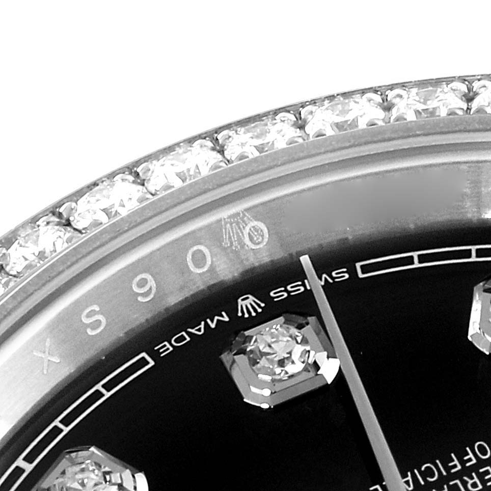 The close-up image shows part of the dial, the bezel set with diamonds, and the "Swiss Made" text on the Rolex Datejust 126284RBR Men's Stainless Steel Black Dial 126284RBR Men's Stainless Steel Black Dial watch.