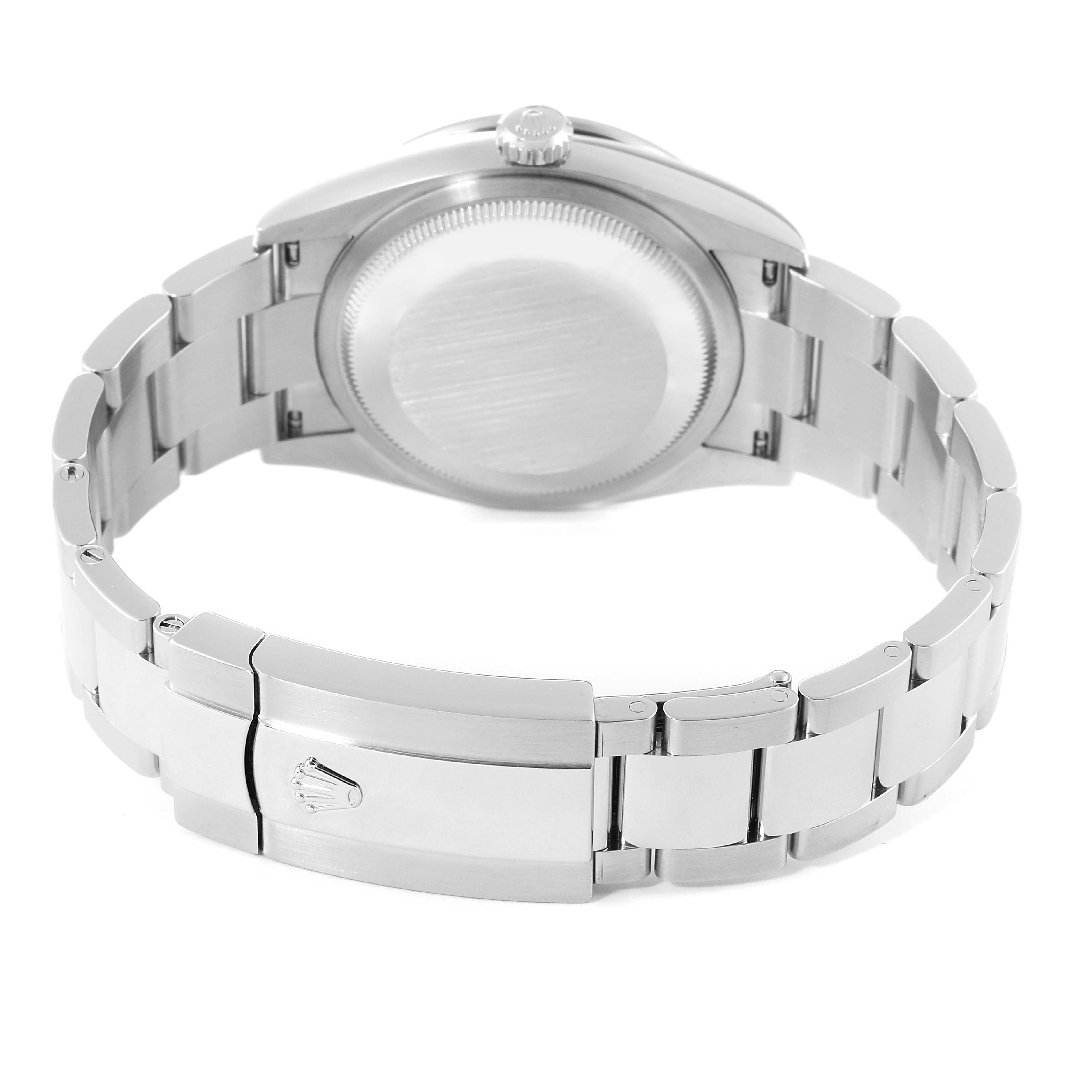 The image shows the back case and bracelet with clasp of a Rolex Datejust 126284RBR Men's Stainless Steel Black Dial 126284RBR Men's Stainless Steel Black Dial watch from a rear angle.