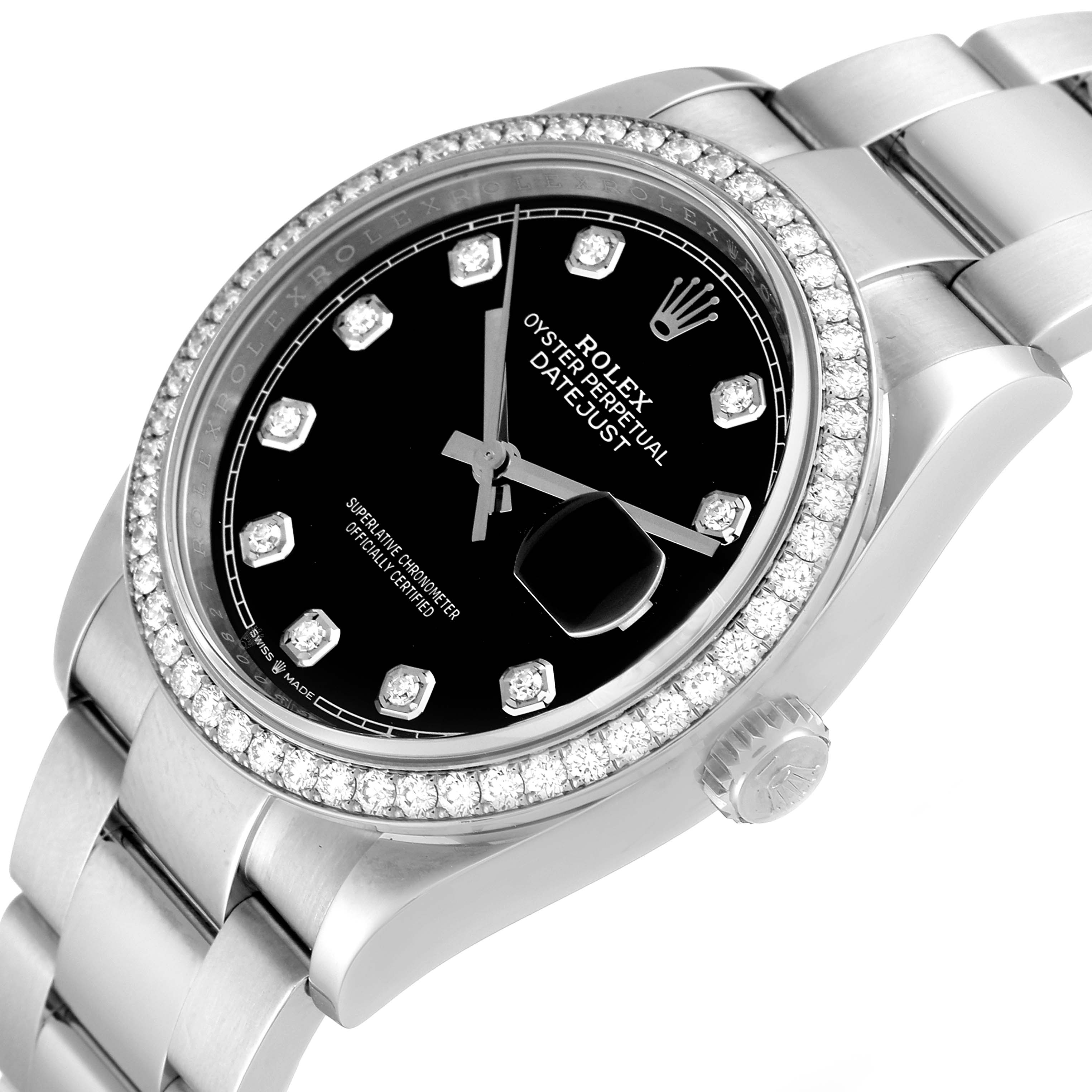 This Rolex Datejust 126284RBR Men's Stainless Steel Black Dial 126284RBR Men's Stainless Steel Black Dial watch is shown from an angled perspective, highlighting the dial, bezel, and a portion of the bracelet.