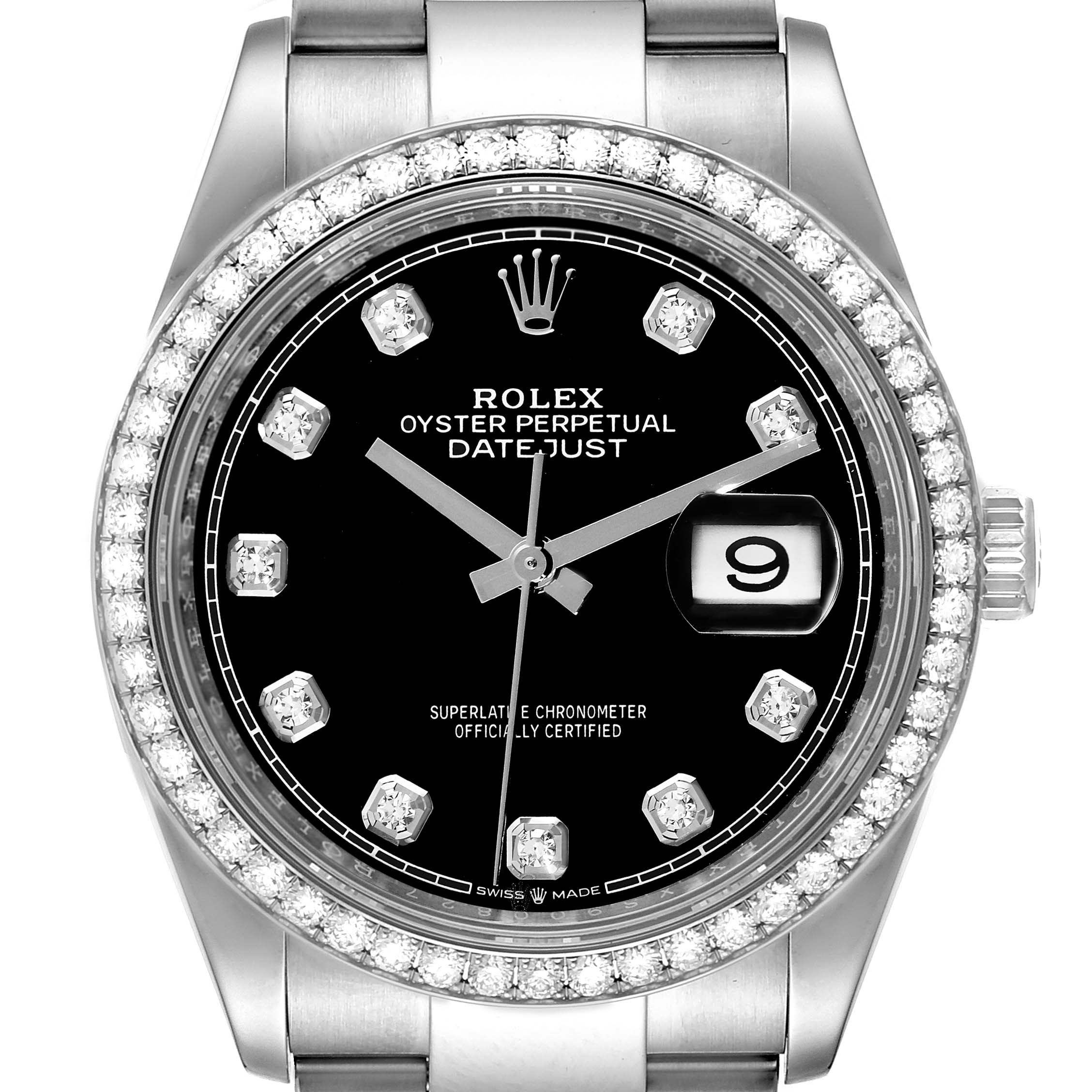 The Rolex Datejust 126284RBR Men's Stainless Steel Black Dial 126284RBR Men's Stainless Steel Black Dial watch is shown from a top-down angle, highlighting the bezel, dial, hands, and bracelet.