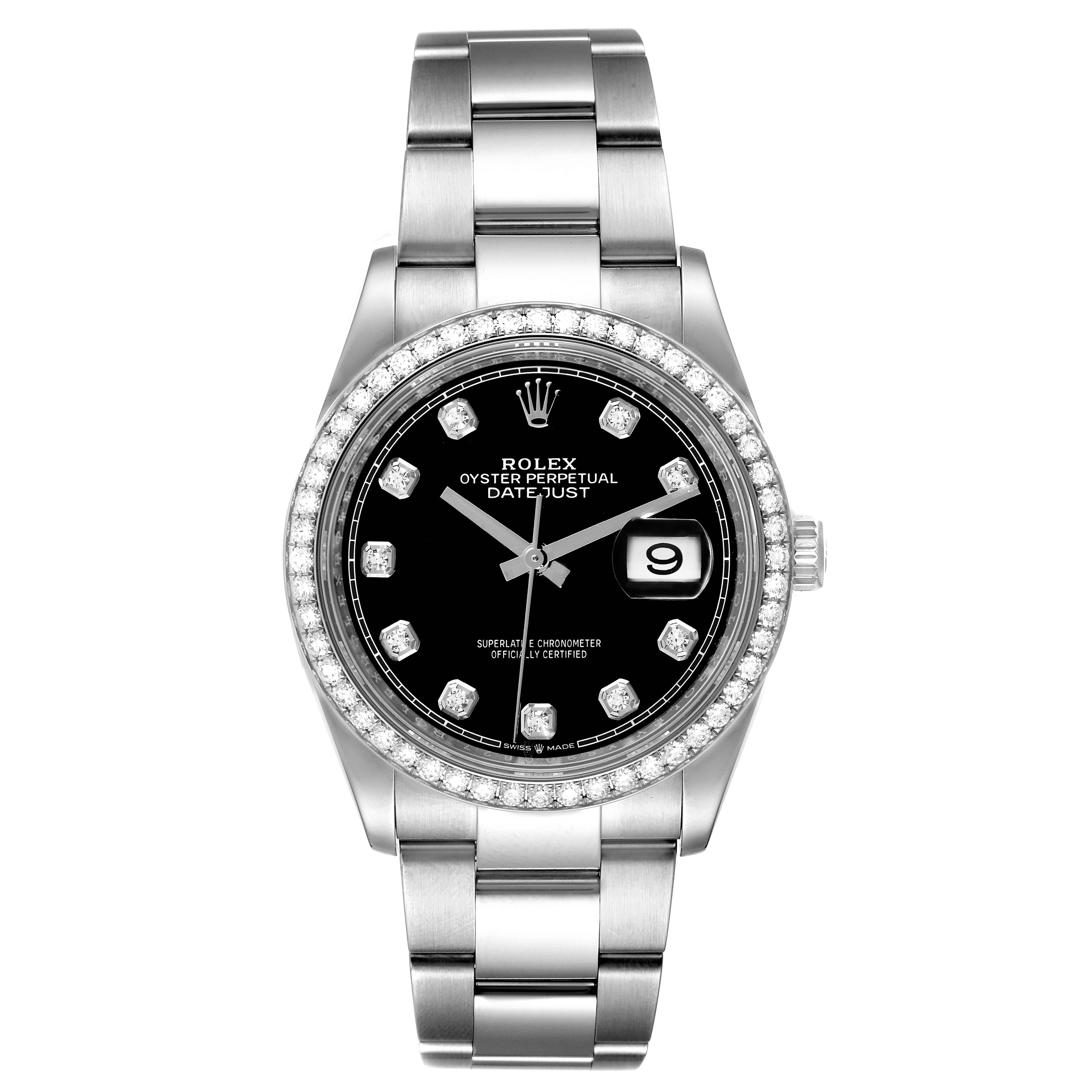 The Rolex Datejust 126284RBR Men's Stainless Steel Black Dial 126284RBR Men's Stainless Steel Black Dial watch is shown from a top-down angle, displaying the face, bezel, and bracelet.