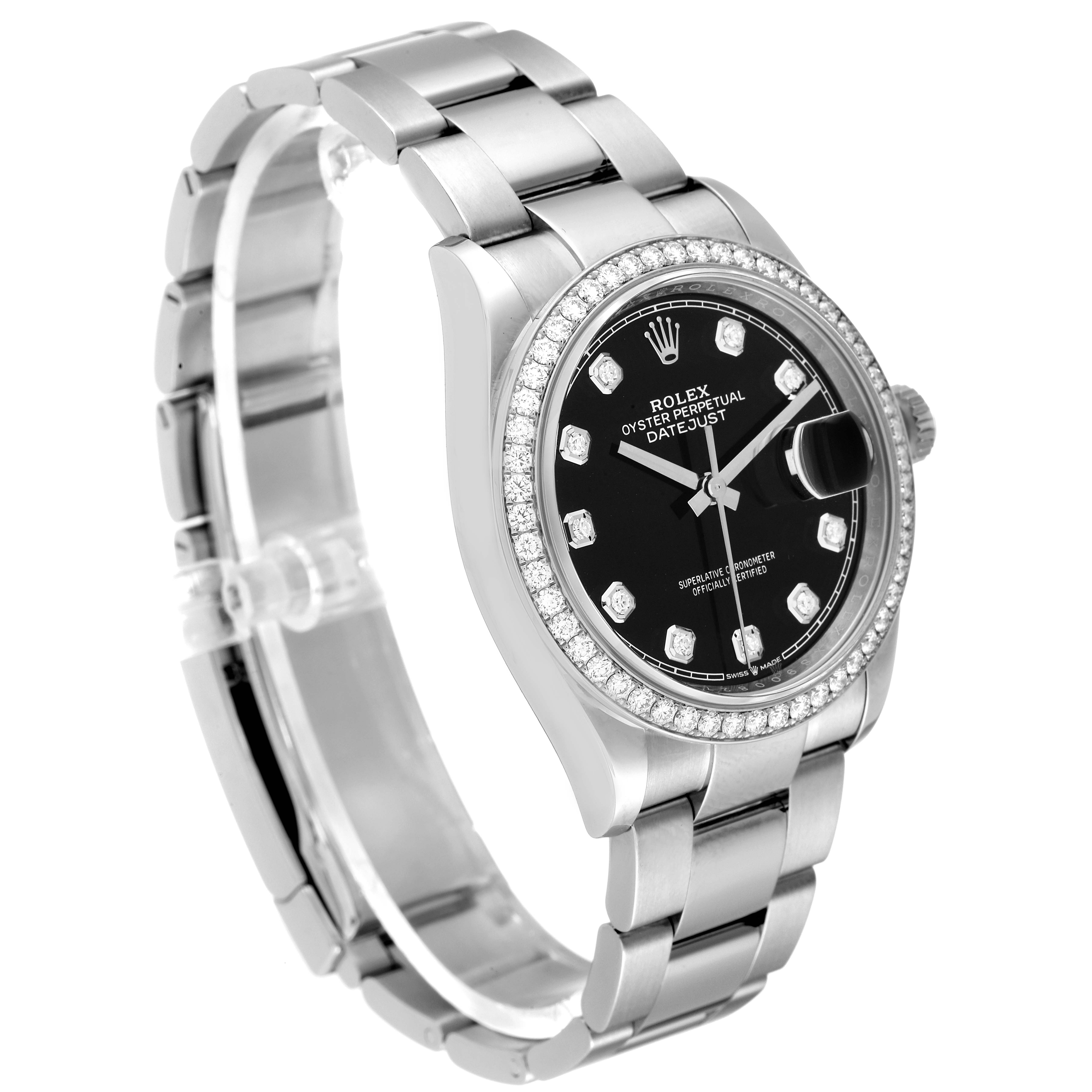 The image shows a Rolex Datejust 126284RBR Men's Stainless Steel Black Dial 126284RBR Men's Stainless Steel Black Dial watch at a slight angle, highlighting the bracelet, bezel, and dial.