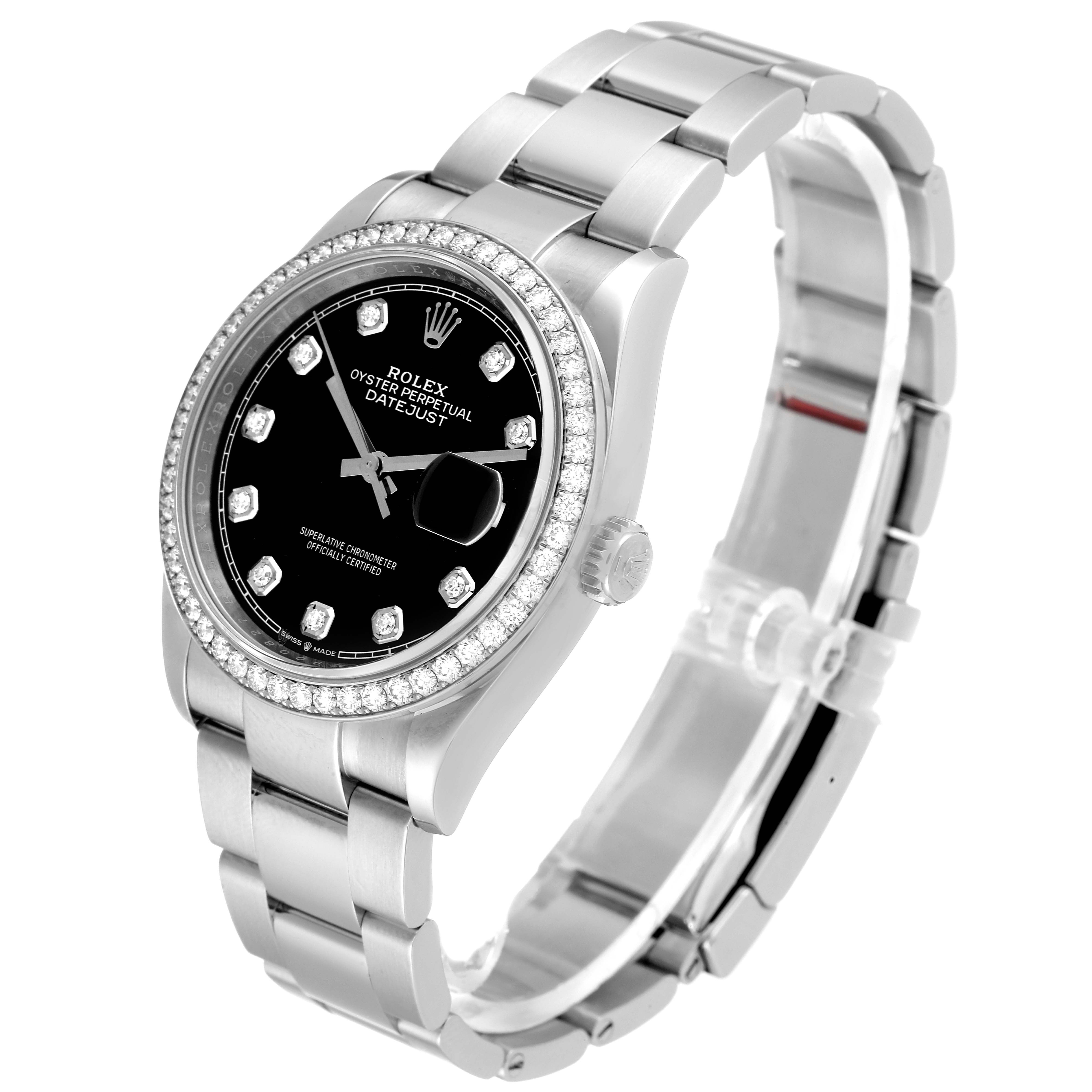 The image shows a side angle of a Rolex Datejust 126284RBR Men's Stainless Steel Black Dial 126284RBR Men's Stainless Steel Black Dial watch, highlighting its black dial, bezel, and bracelet.