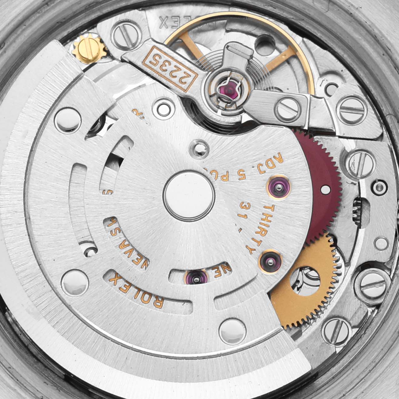 This image shows a close-up view of the movement and internal mechanics of the Rolex Datejust 179174 Women
s Stainless Steel Black Dial 179174 Women
s Stainless Steel Black Dial watch.