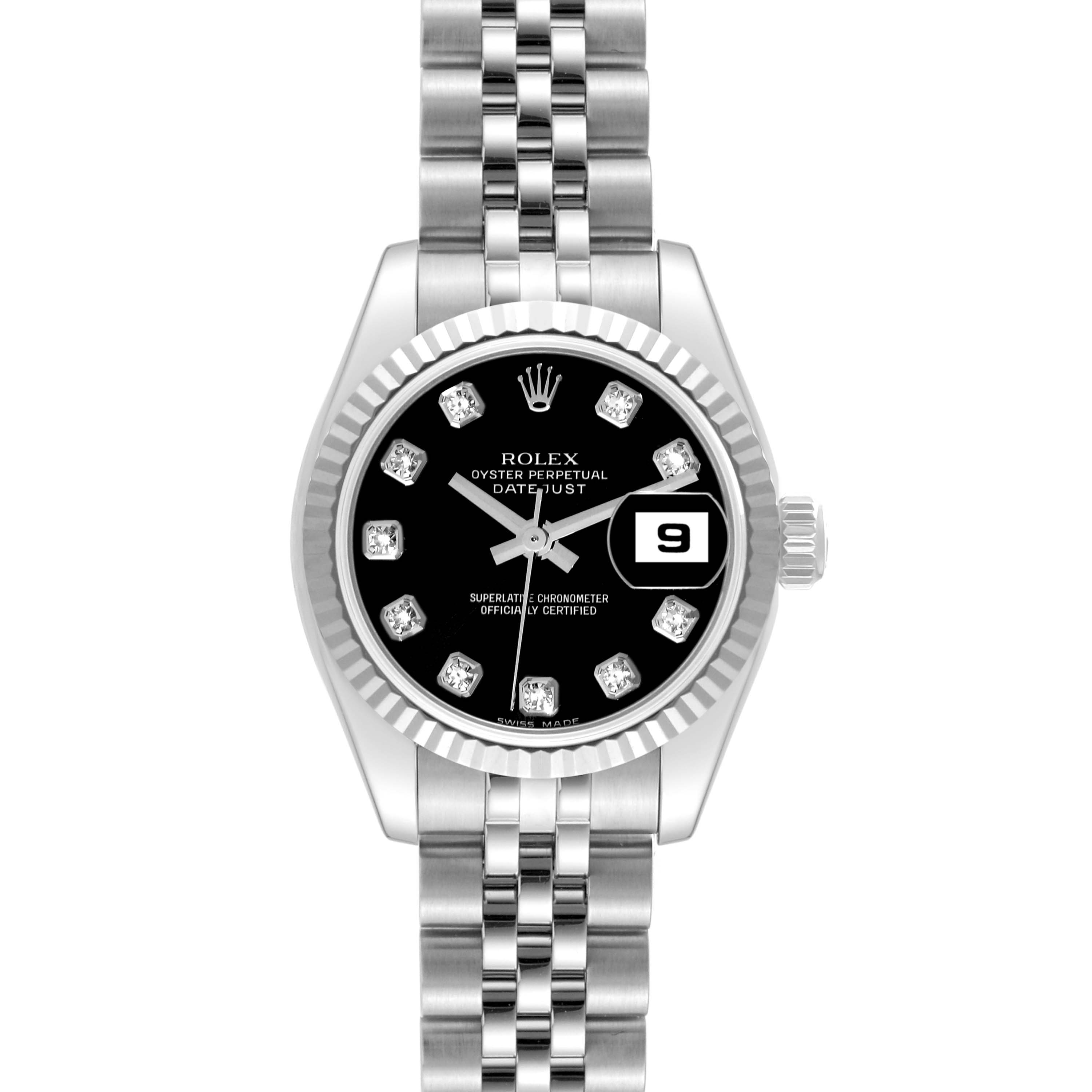 The image shows a Rolex Datejust 179174 Women
s Stainless Steel Black Dial 179174 Women
s Stainless Steel Black Dial watch, focused on the face, dial, and part of the bracelet, from a top-down perspective.