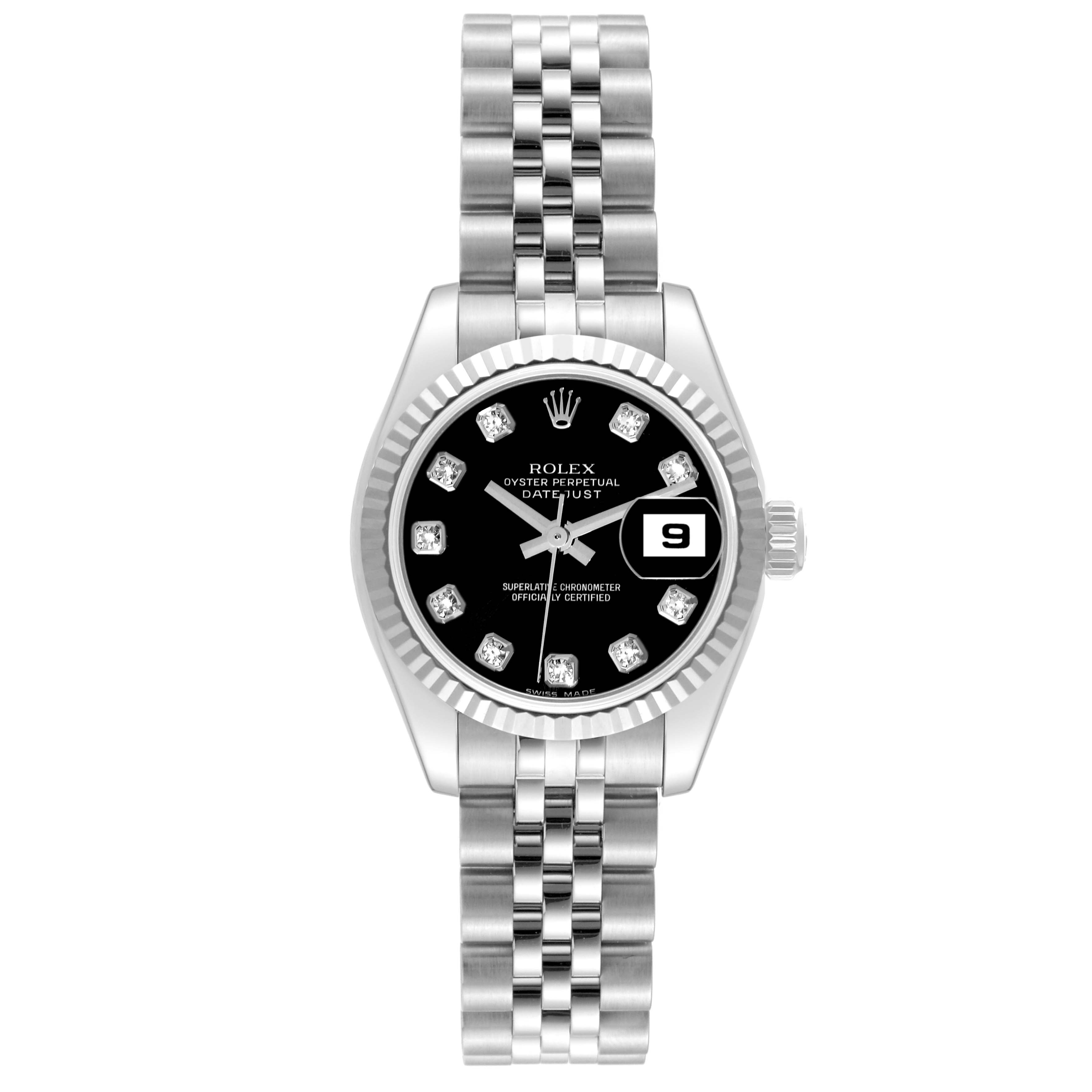 The image shows a Rolex Datejust 179174 Women
s Stainless Steel Black Dial 179174 Women
s Stainless Steel Black Dial watch from the front, highlighting its bracelet, black dial, and date display.