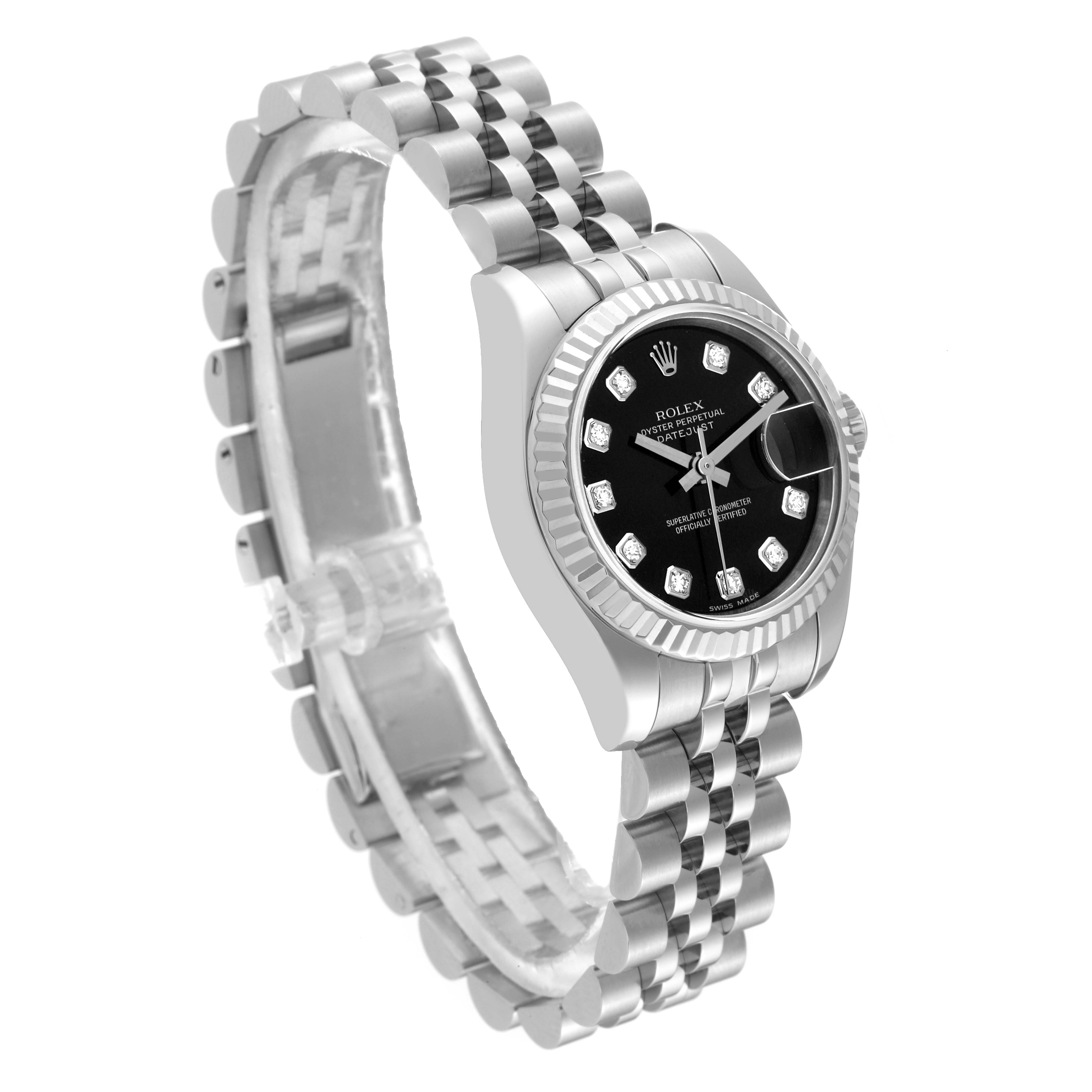 This image shows a side and angled top view of a Rolex Datejust 179174 Women
s Stainless Steel Black Dial 179174 Women
s Stainless Steel Black Dial watch, highlighting its bracelet, dial, and bezel.