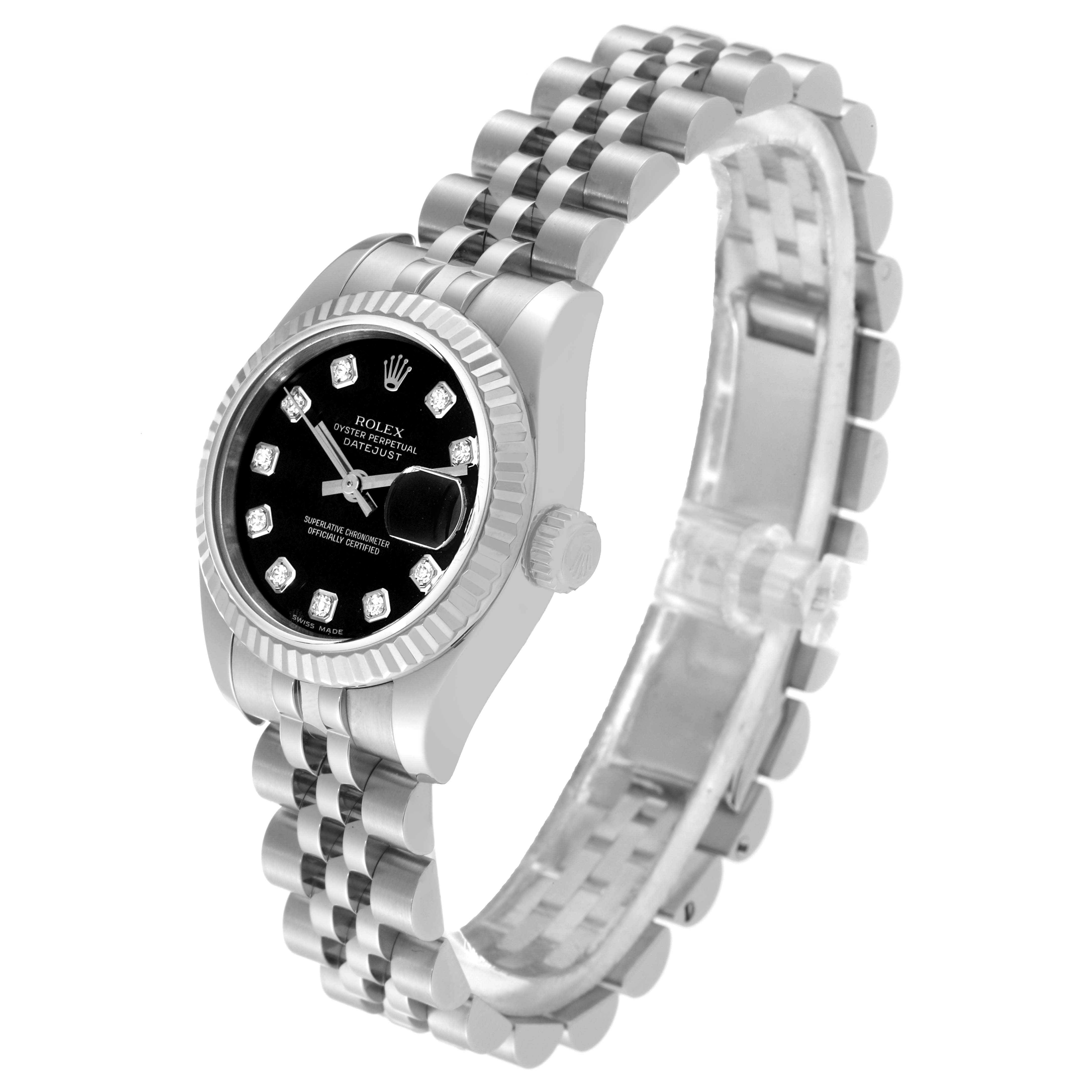 This image shows a Rolex Datejust 179174 Women
s Stainless Steel Black Dial 179174 Women
s Stainless Steel Black Dial model from an angled side view, highlighting the dial, bezel, and bracelet.