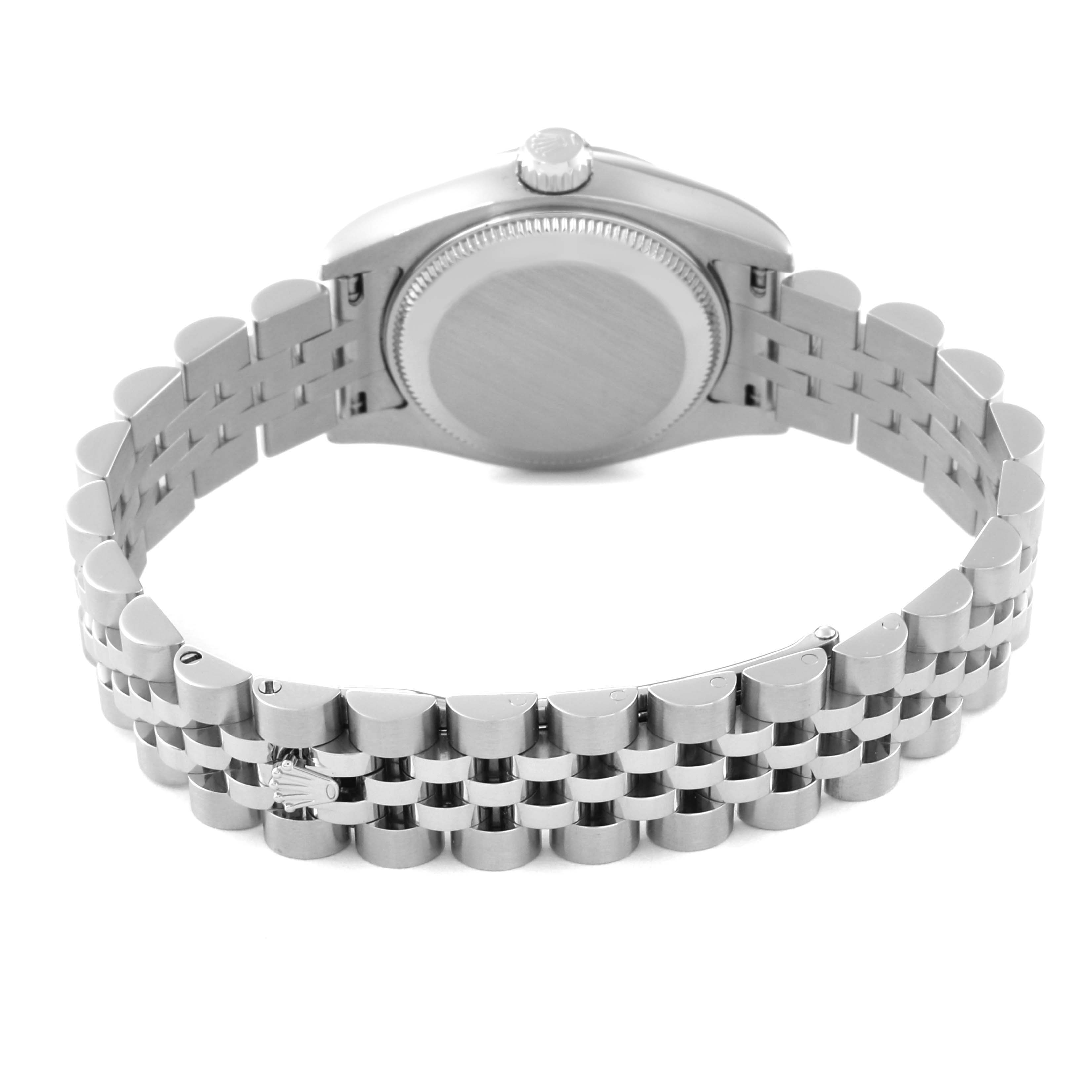 This image shows the back case and the bracelet of the Rolex Datejust 179174 Women
s Stainless Steel Black Dial 179174 Women
s Stainless Steel Black Dial watch from a rear angle.