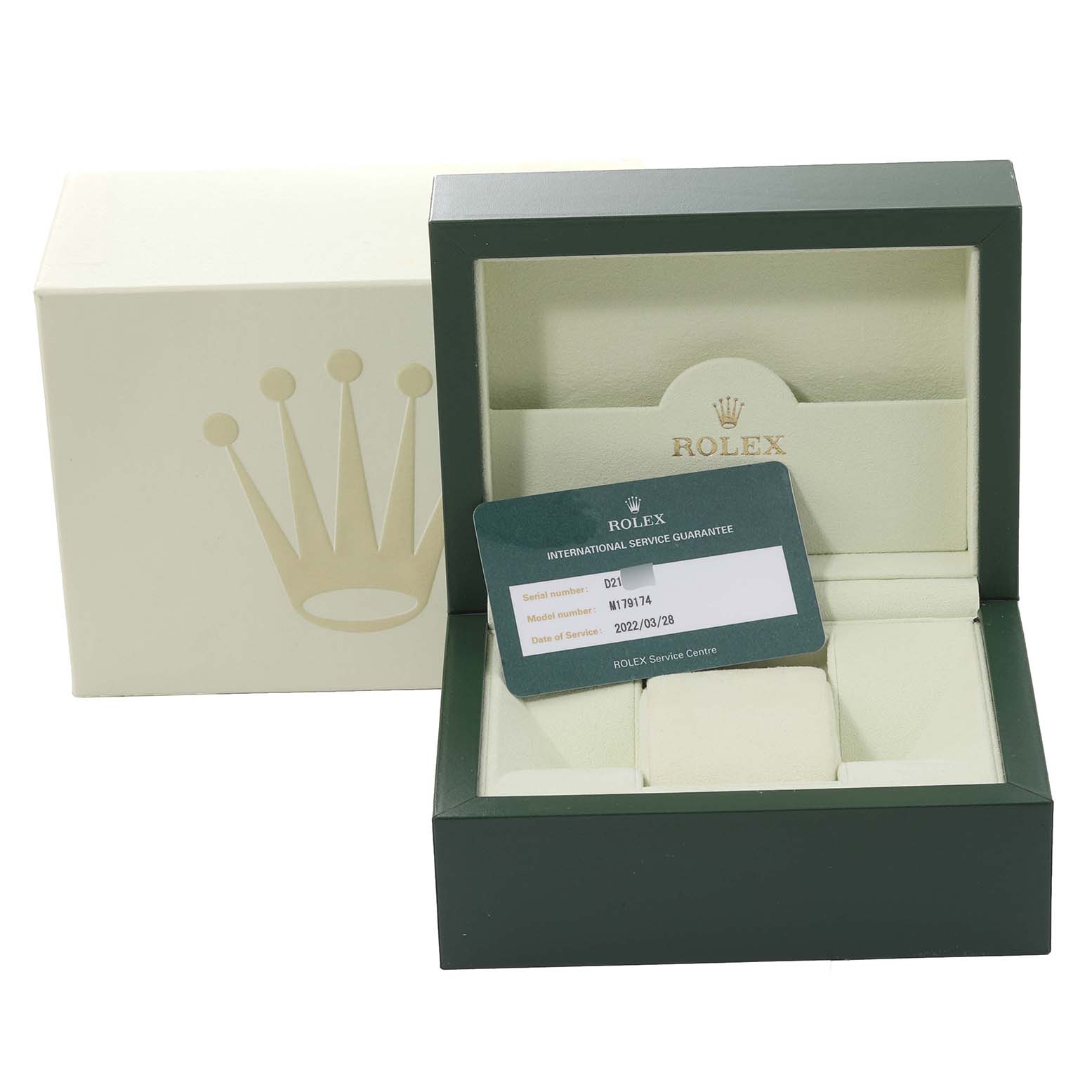 The image shows a green Rolex Datejust 179174 Women
s Stainless Steel Black Dial 179174 Women
s Stainless Steel Black Dial watch box and an international service guarantee card, photographed from the front angle.