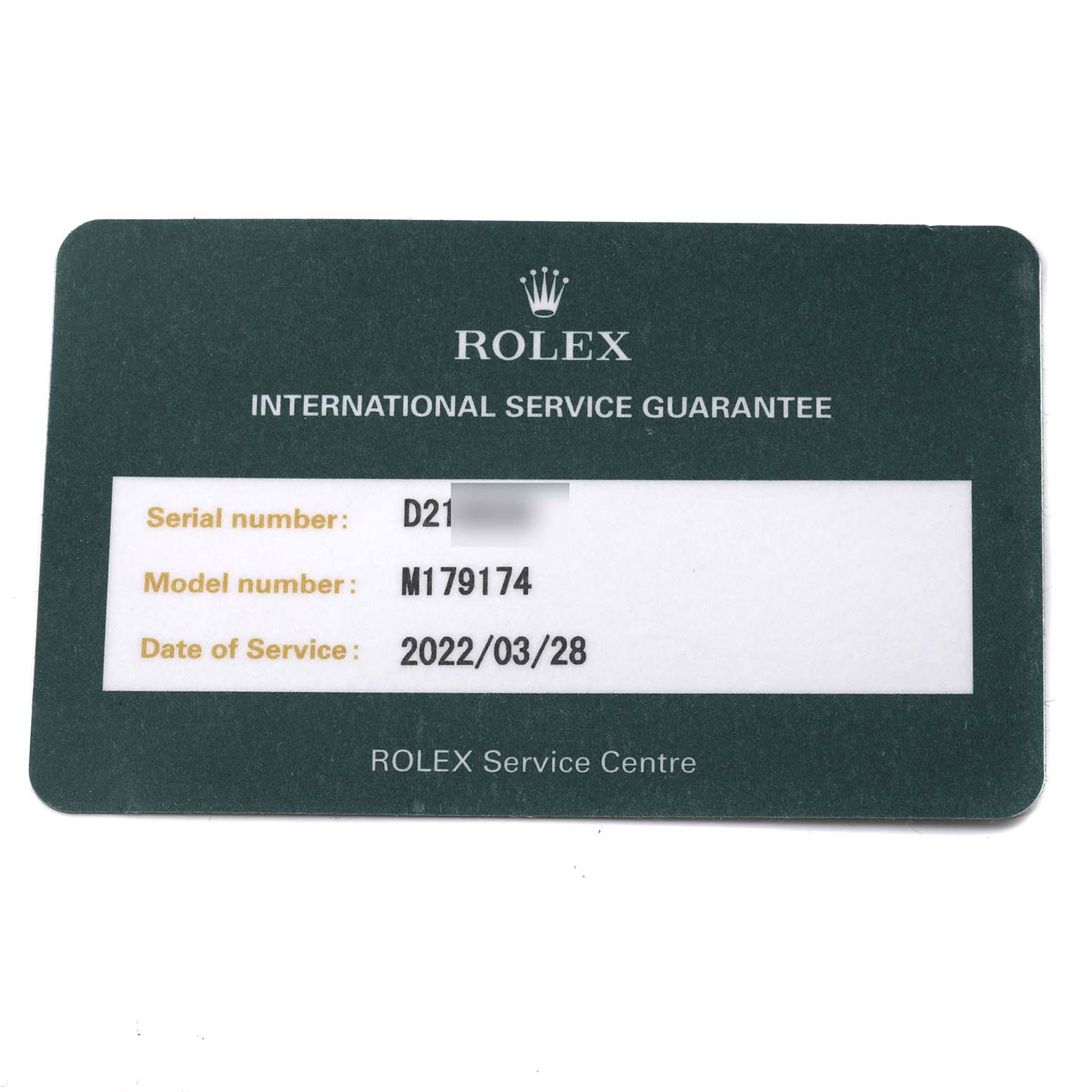 This image shows a Rolex Datejust 179174 Women
s Stainless Steel Black Dial 179174 Women
s Stainless Steel Black Dial International Service Guarantee card with the model number, serial number, and date of service.