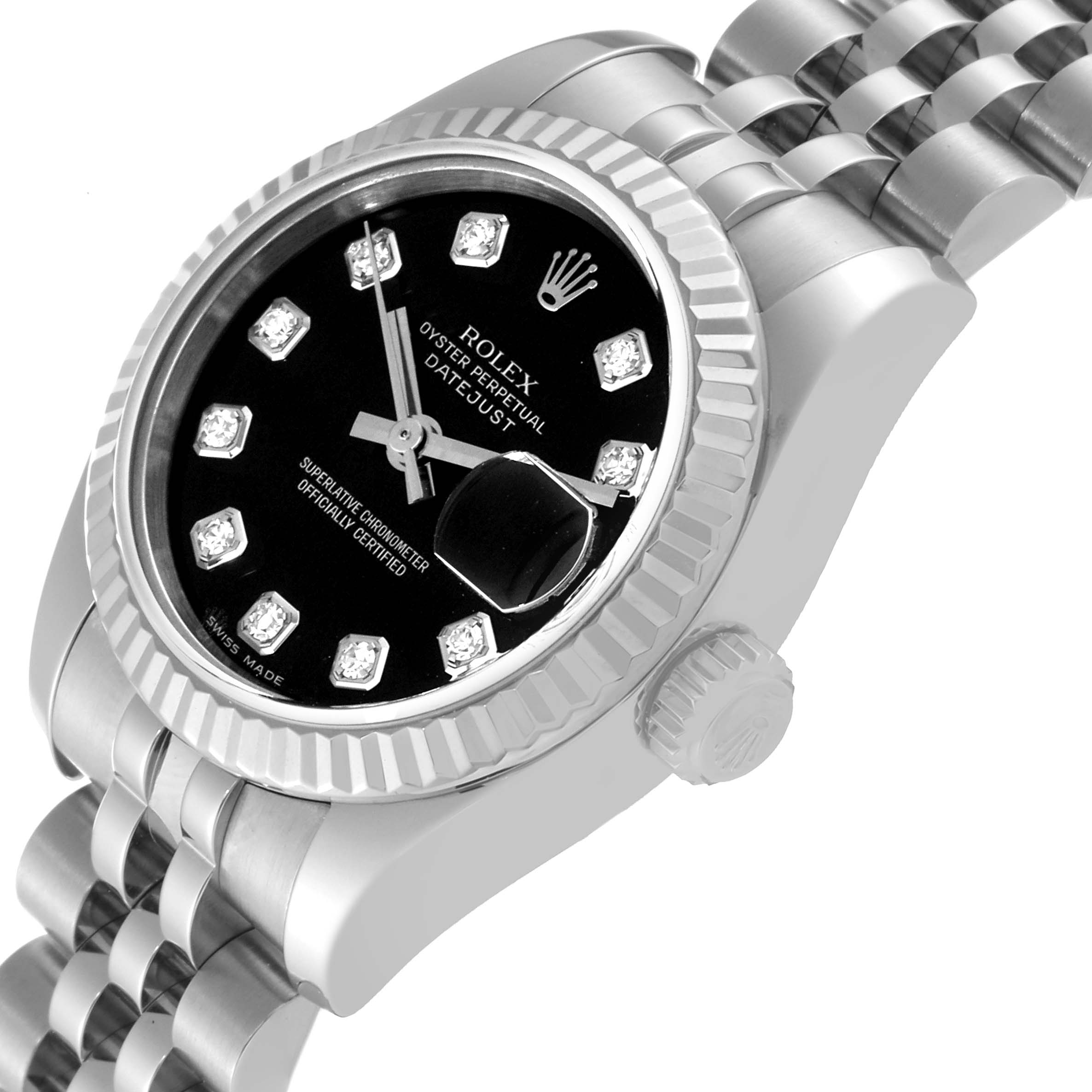 This image shows a Rolex Datejust 179174 Women
s Stainless Steel Black Dial 179174 Women
s Stainless Steel Black Dial watch from a slightly angled top view, highlighting the dial, fluted bezel, and part of the bracelet.