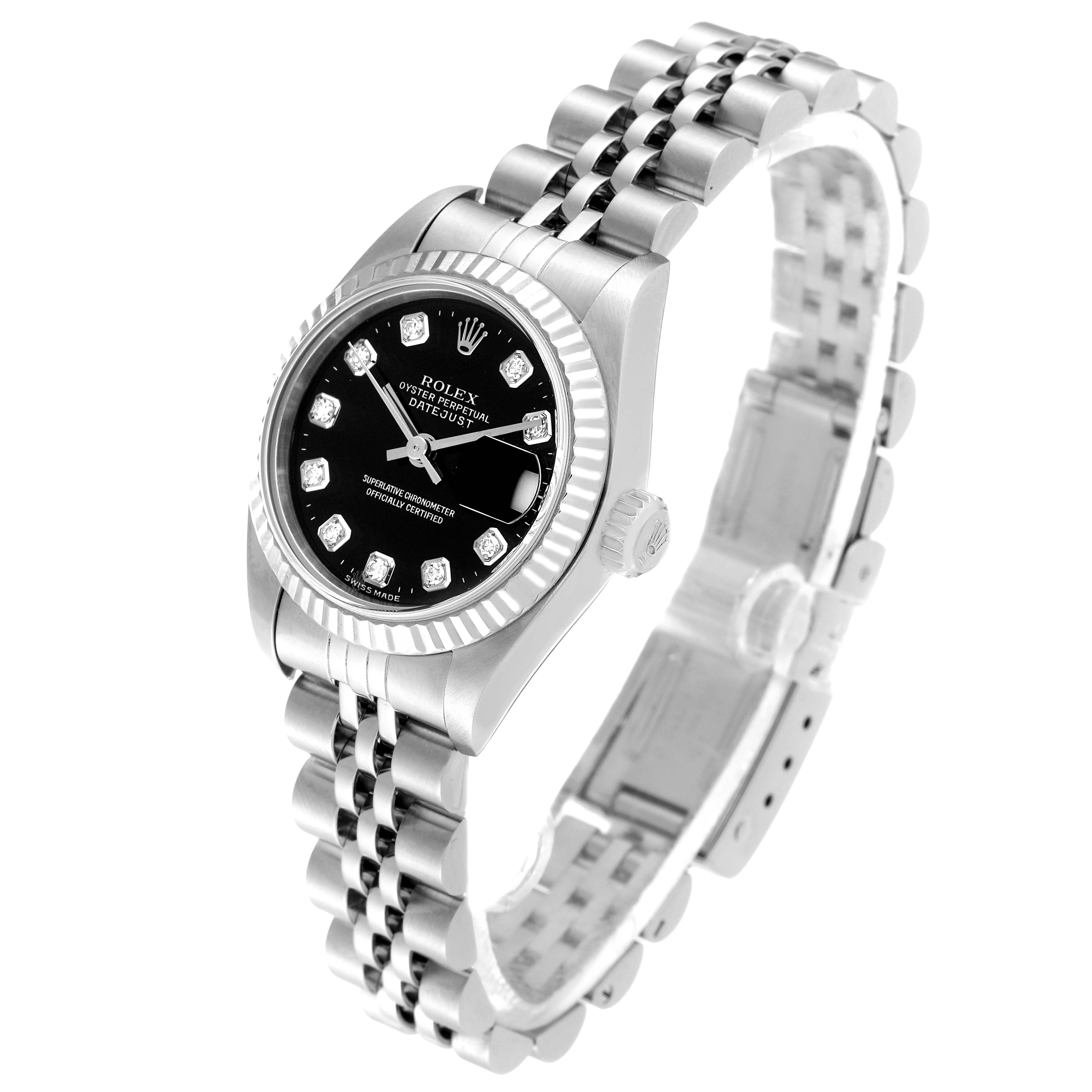The Rolex Datejust 79174 Women's Stainless Steel Black Dial 79174 Women's Stainless Steel Black Dial watch is displayed at an angle showing the bracelet, case, bezel, dial, and crown.