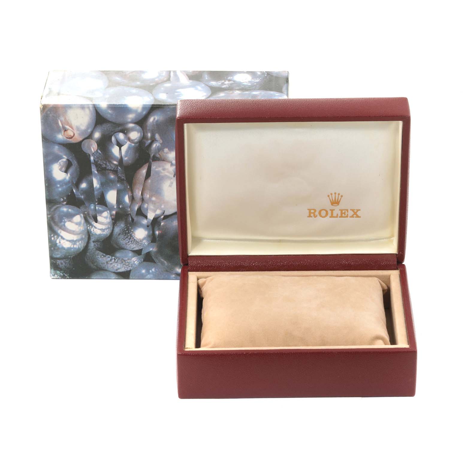 The image shows the open case for a Datejust model Rolex watch, revealing the interior cushion and the Rolex logo.