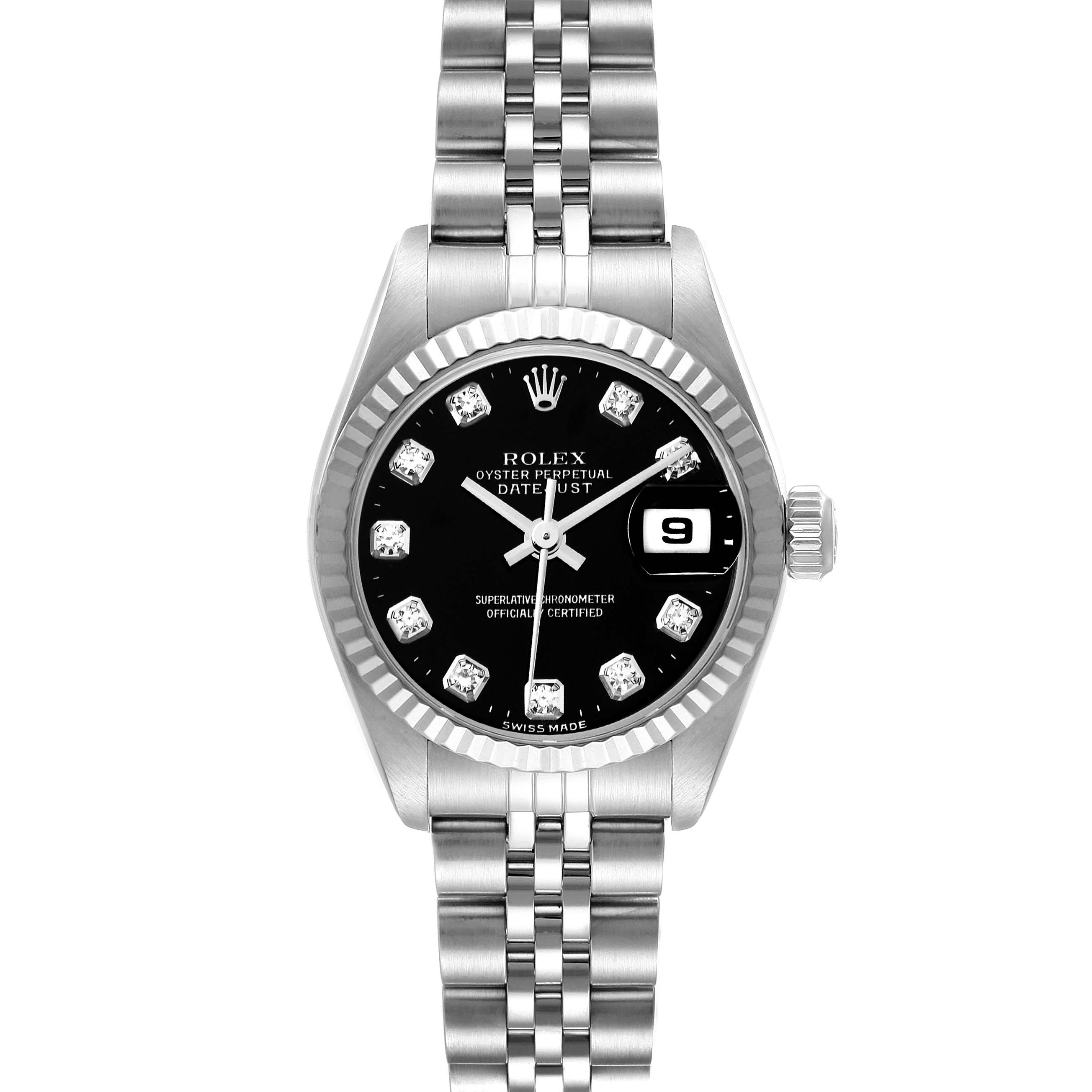 The Rolex Datejust 79174 Women's Stainless Steel Black Dial 79174 Women's Stainless Steel Black Dial watch is shown from a top-down angle, highlighting the black dial, date window, bezel, and two-tone bracelet.