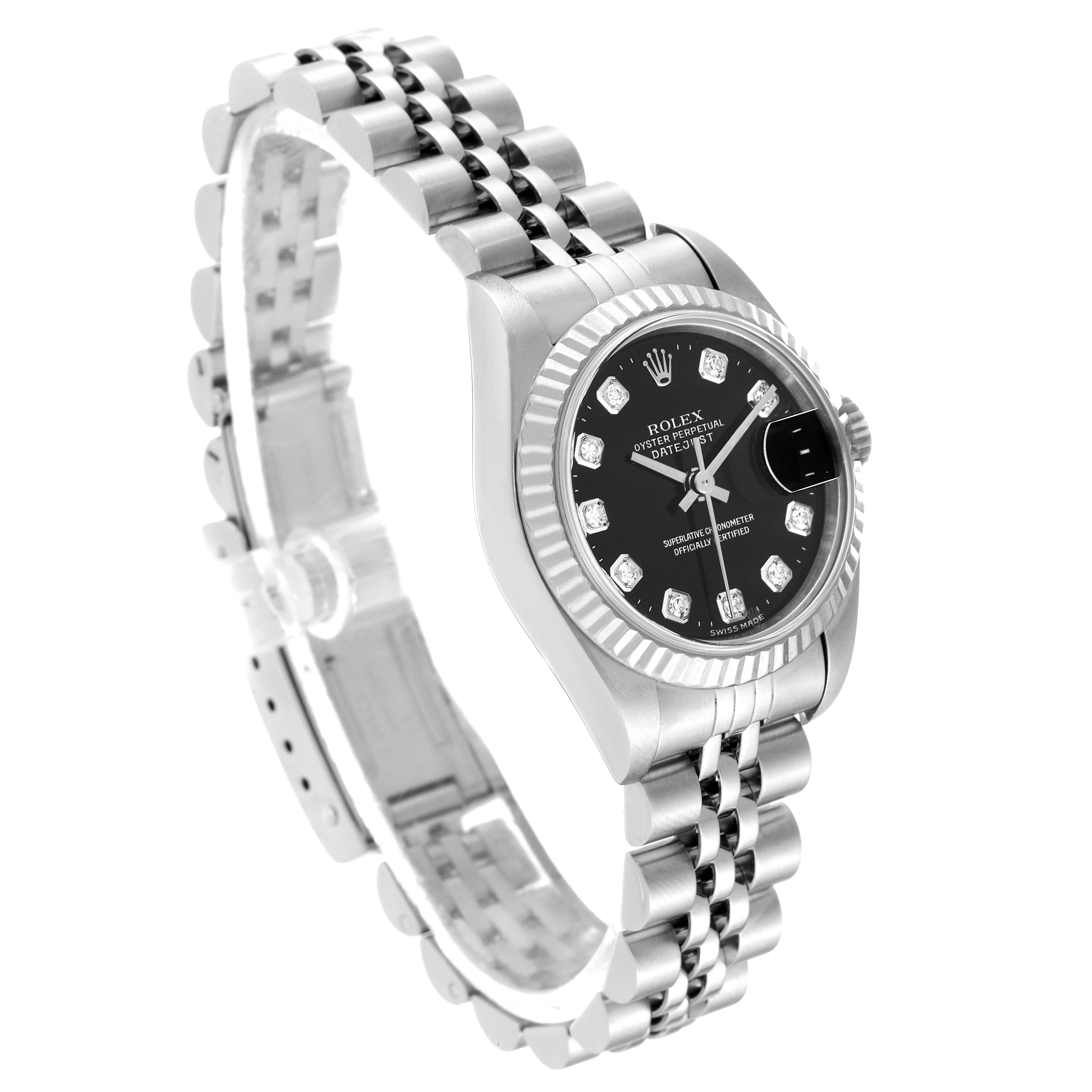 This image shows a Rolex Datejust 79174 Women's Stainless Steel Black Dial 79174 Women's Stainless Steel Black Dial watch at a slight angle, highlighting its bracelet, case, and face with diamond hour markers.