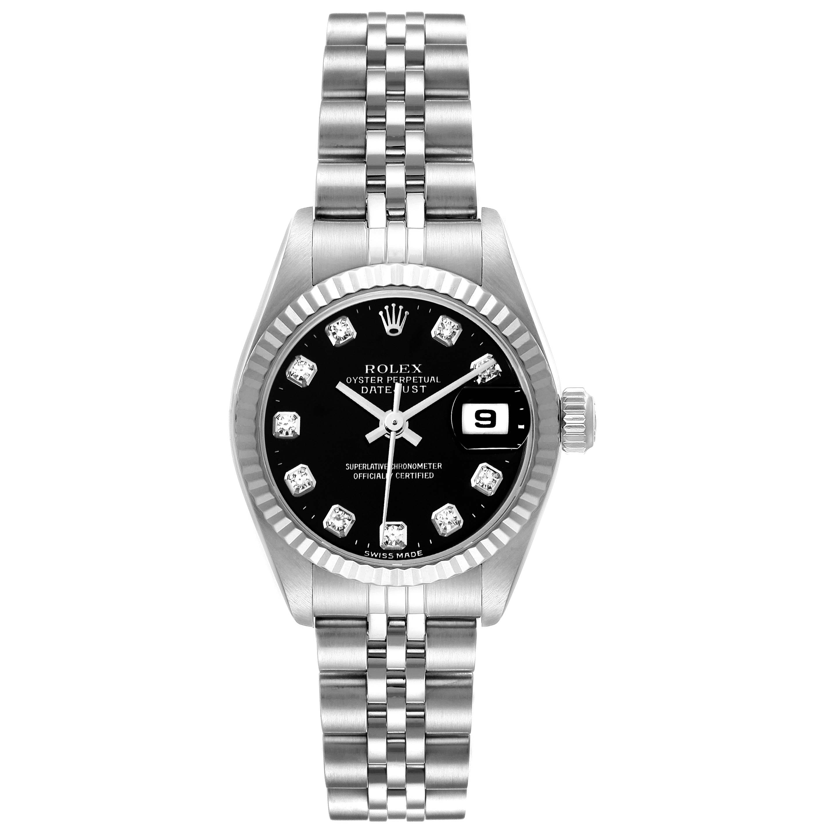 The Rolex Datejust 79174 Women's Stainless Steel Black Dial 79174 Women's Stainless Steel Black Dial watch is shown from a top-down angle, displaying the dial, bezel, crown, and bracelet.