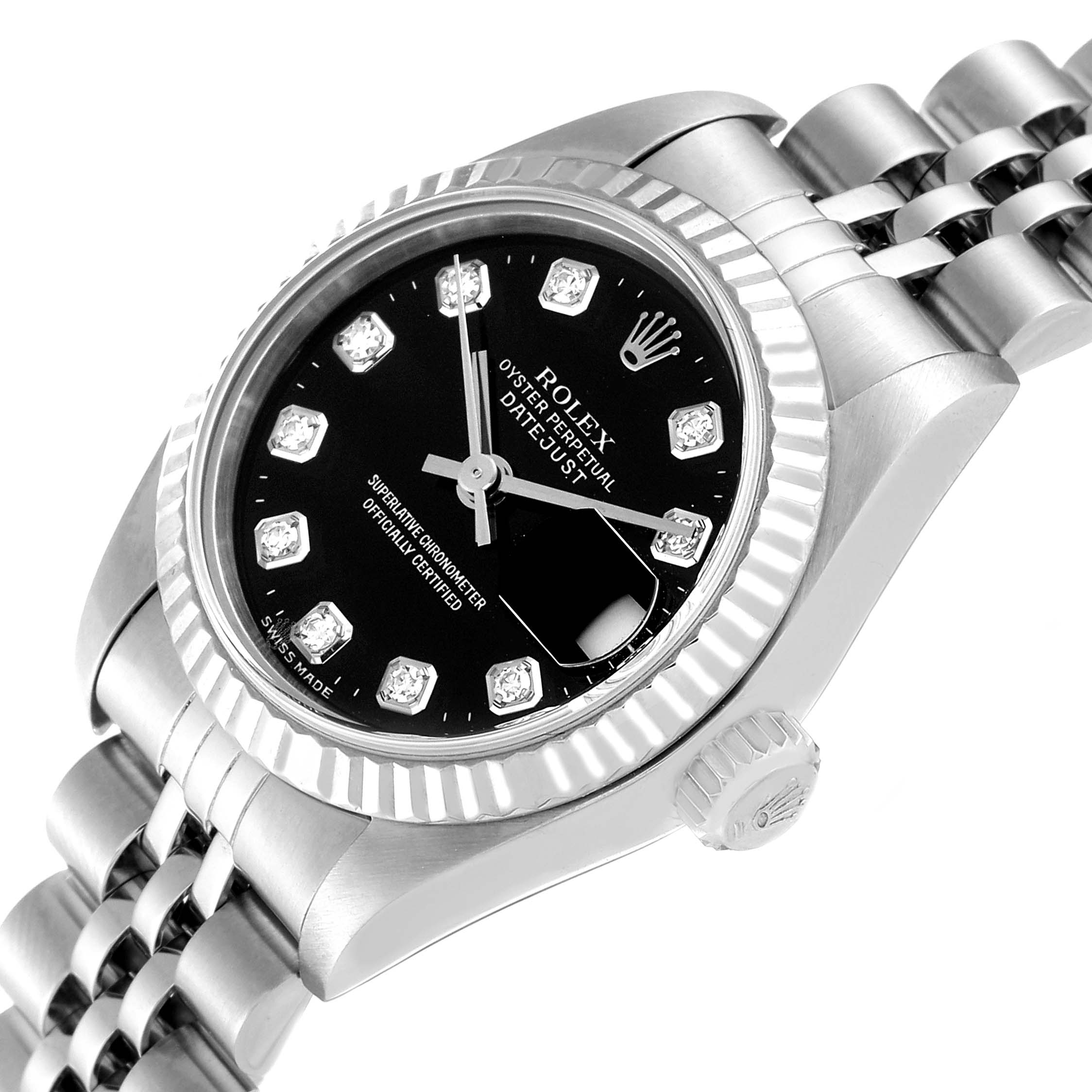 This image shows a Rolex Datejust 79174 Women's Stainless Steel Black Dial 79174 Women's Stainless Steel Black Dial watch from a tilted side angle, highlighting the face, bezel, and part of the bracelet.