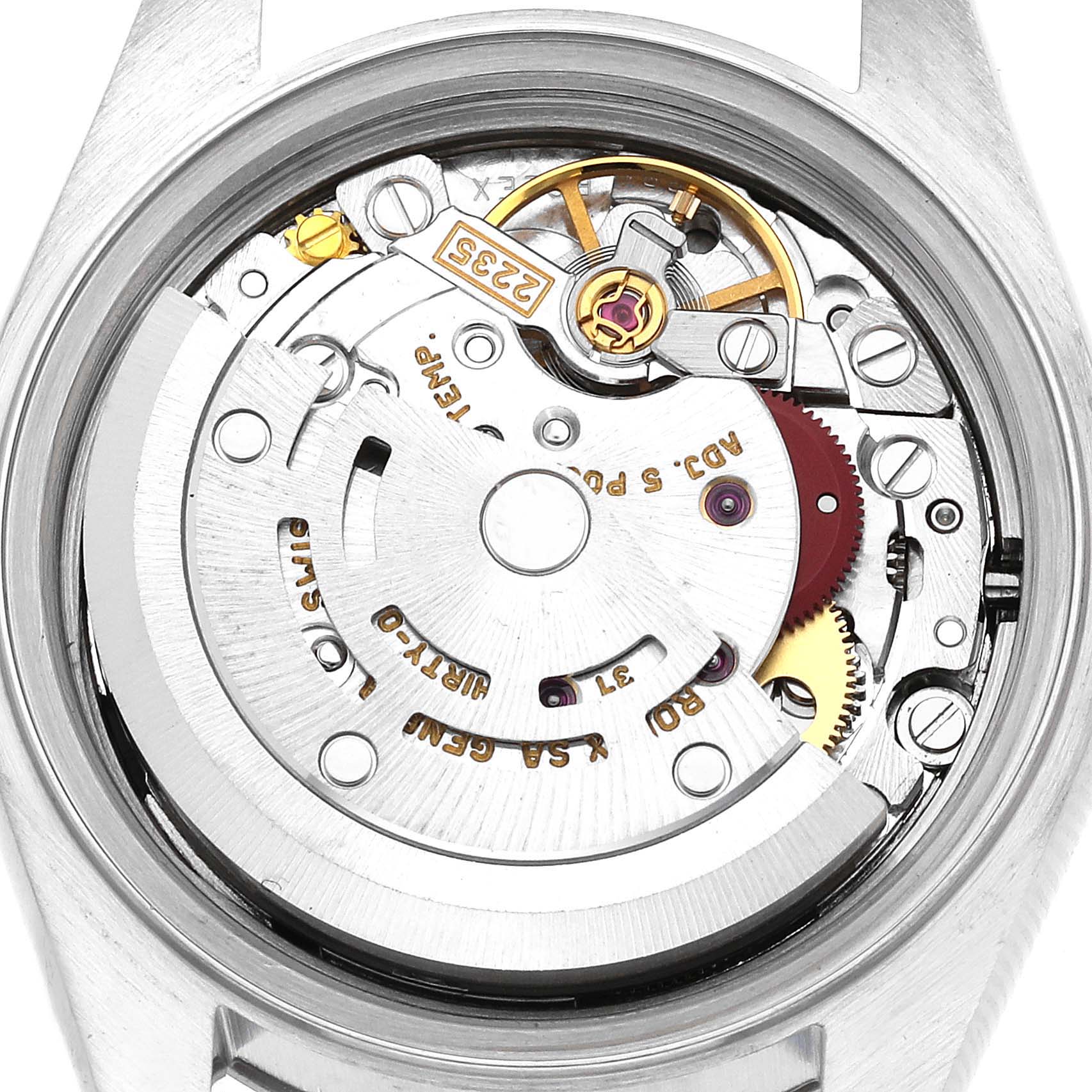 This image shows the internal mechanics of a Rolex Datejust 79174 Women's Stainless Steel Black Dial 79174 Women's Stainless Steel Black Dial watch from a rear angle, displaying its movement parts.