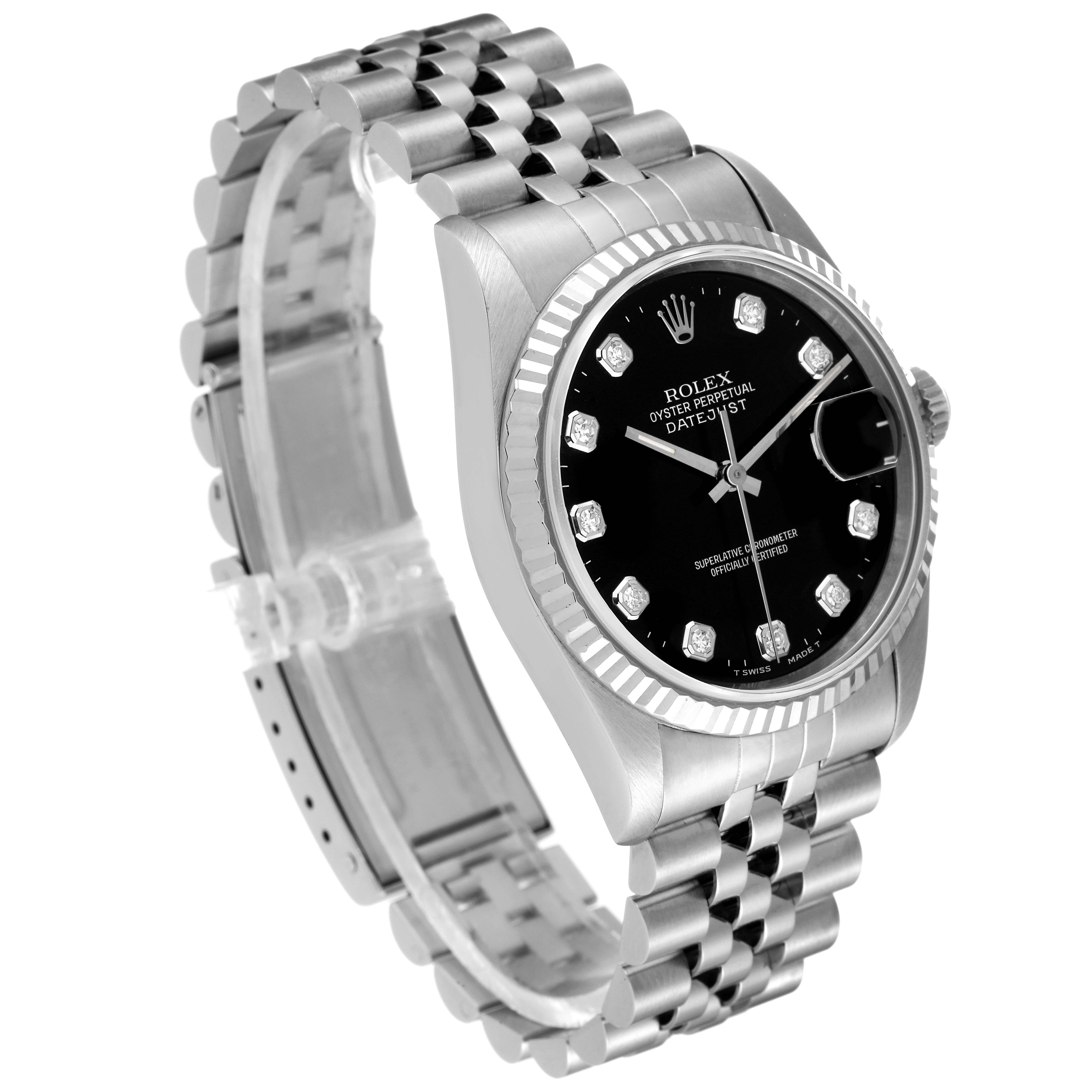 The Rolex Datejust 16234 Men's Stainless Steel Black Dial 16234 Men's Stainless Steel Black Dial watch is shown at an angled view, highlighting its black dial, Jubilee bracelet, and fluted bezel.