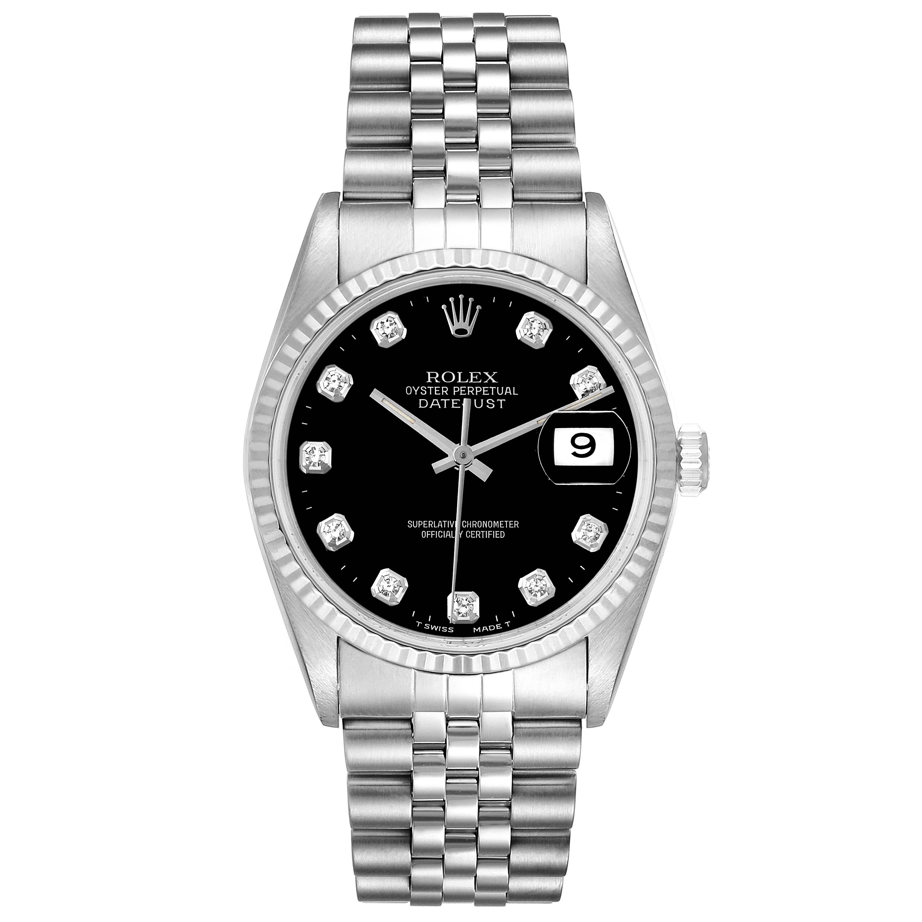 This image shows a front view of a Rolex Datejust 16234 Men's Stainless Steel Black Dial 16234 Men's Stainless Steel Black Dial watch displaying the face, bracelet, crown, and bezel.