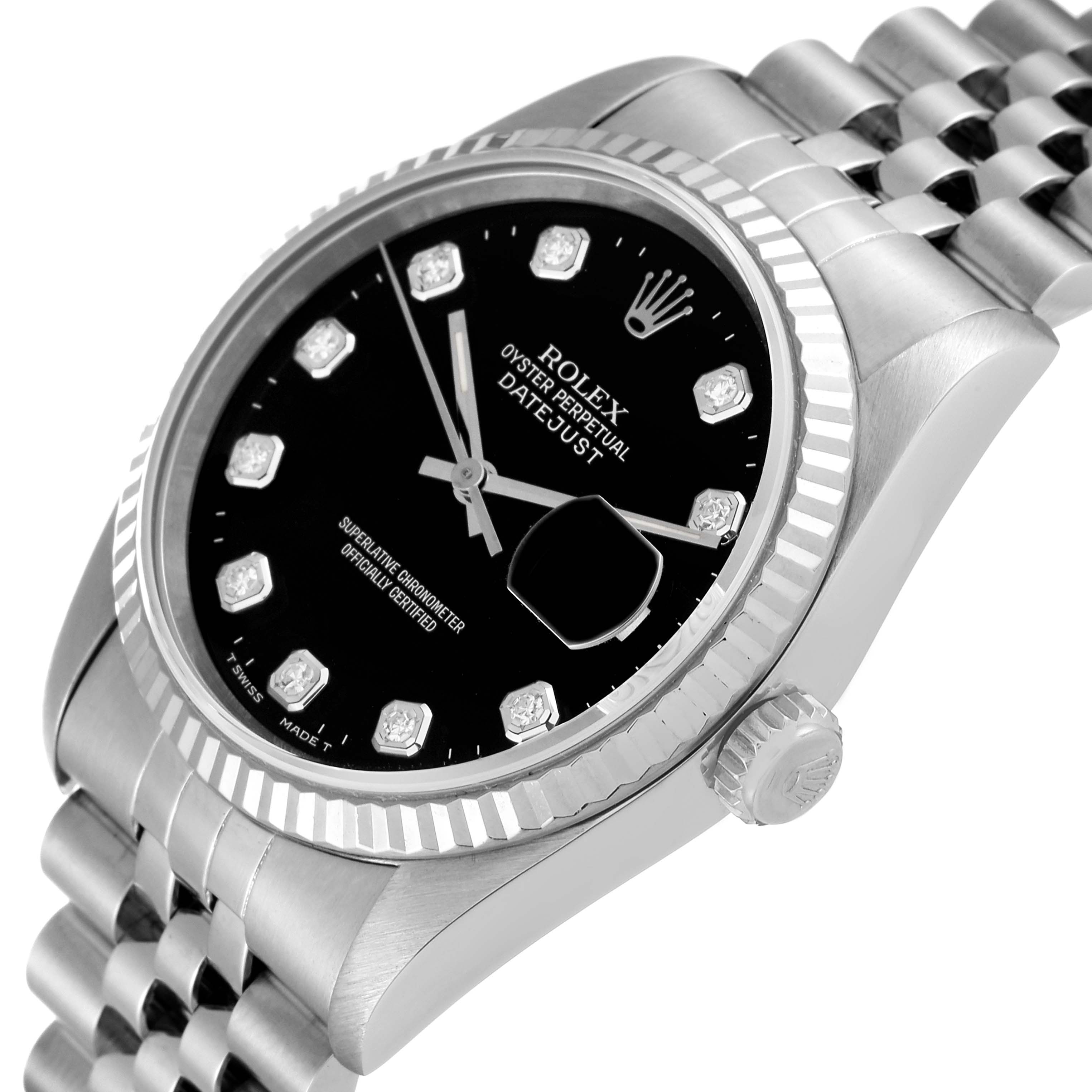 This image shows a Rolex Datejust 16234 Men's Stainless Steel Black Dial 16234 Men's Stainless Steel Black Dial watch at an angled side view, highlighting the dial, bezel, crown, and bracelet.