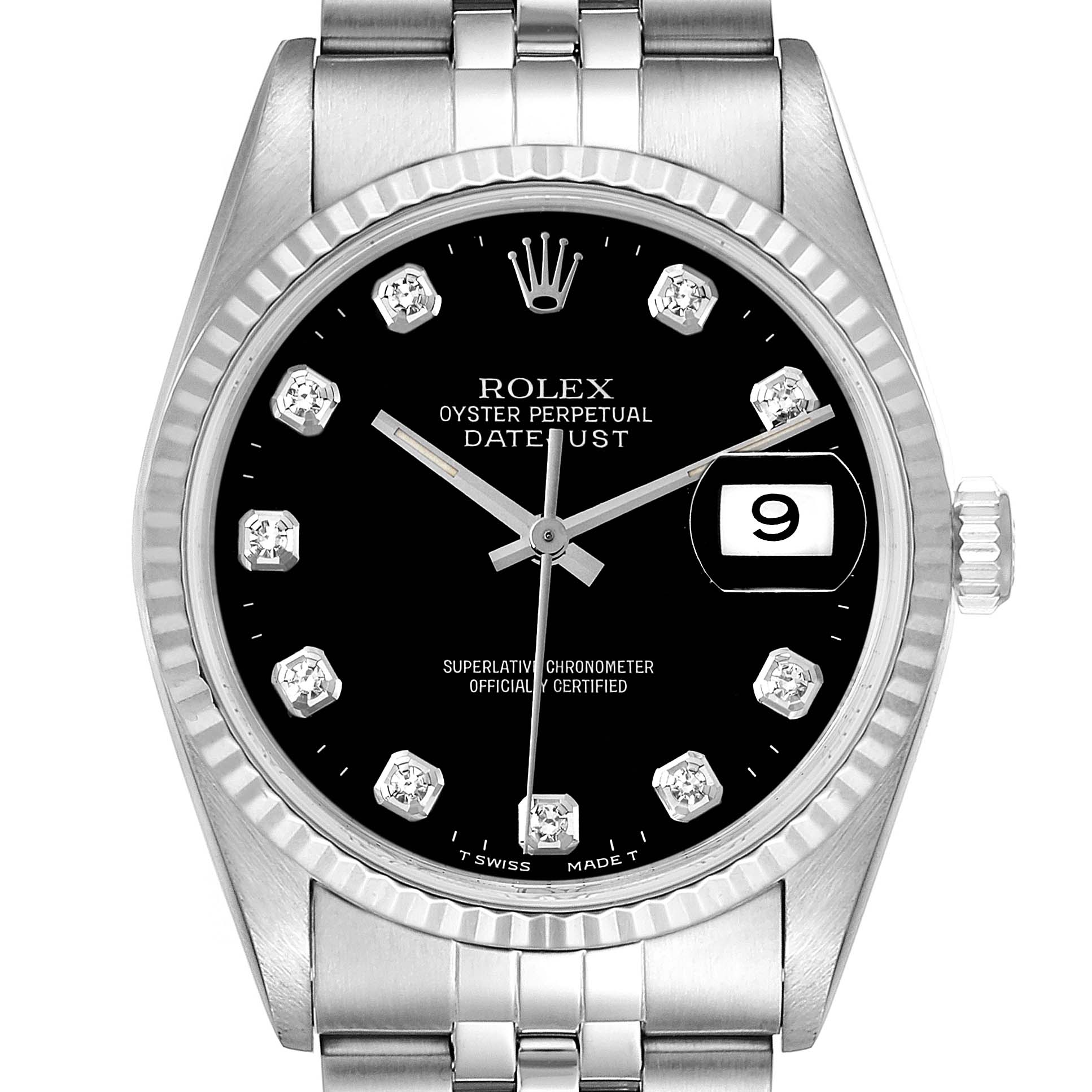 The image shows a close-up of the front view of a Rolex Datejust 16234 Men's Stainless Steel Black Dial 16234 Men's Stainless Steel Black Dial watch, highlighting its dial, hour markers, date window, and bezel.