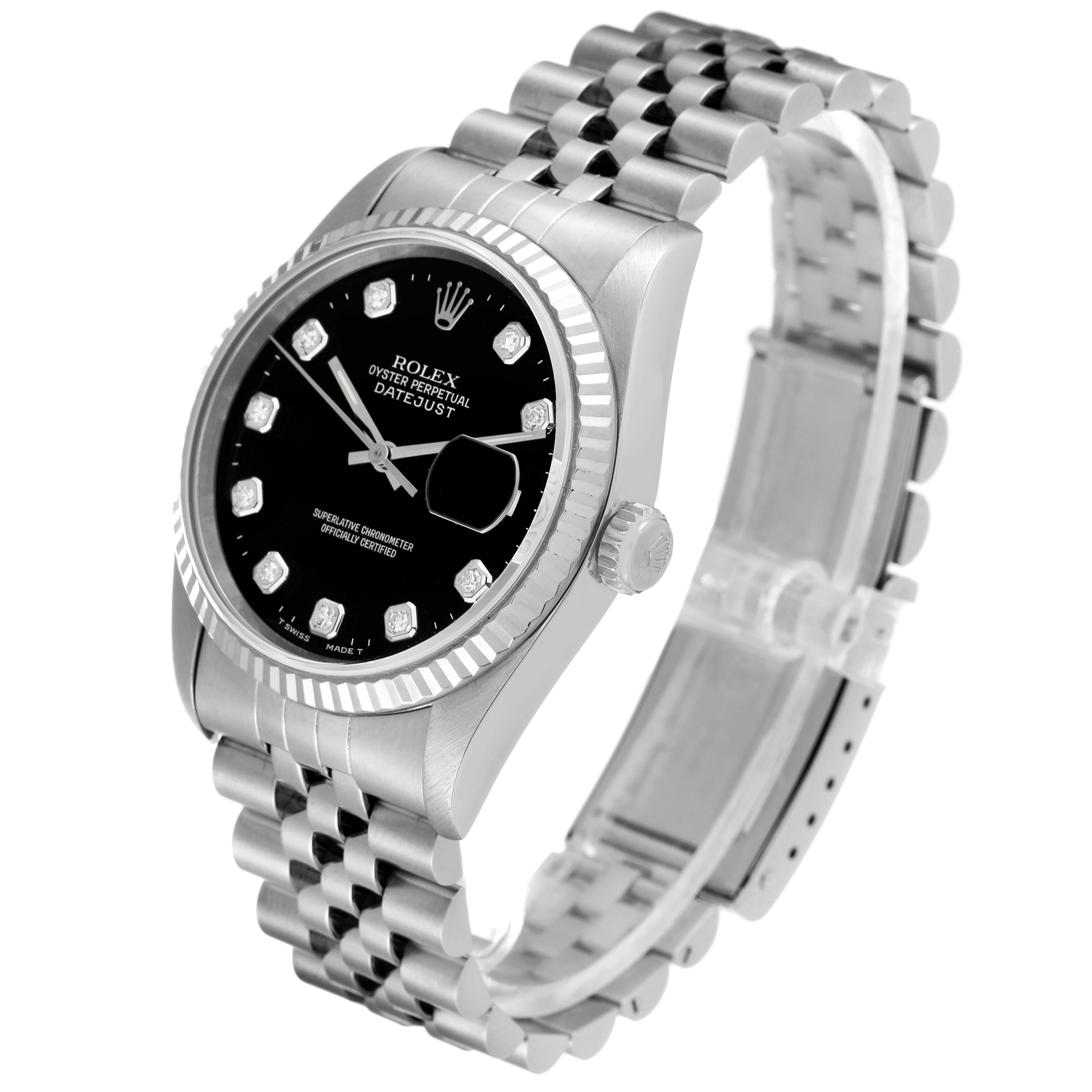 The image shows a Rolex Datejust 16234 Men's Stainless Steel Black Dial 16234 Men's Stainless Steel Black Dial watch from an angled side view, highlighting the black dial, fluted bezel, and jubilee bracelet.
