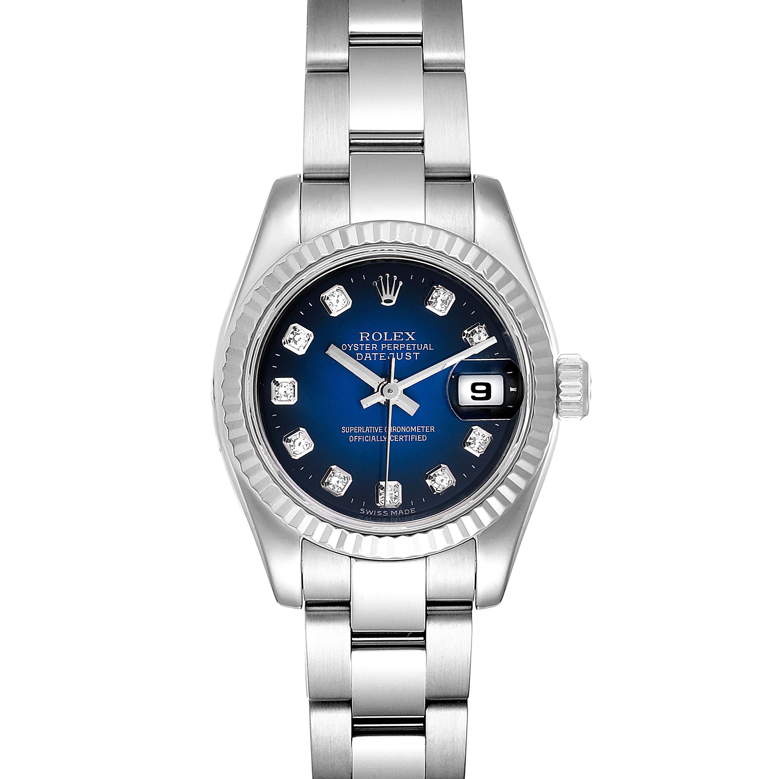 The image shows a Rolex Datejust 179174 Women's Stainless Steel Blue Dial 179174 Women's Stainless Steel Blue Dial watch from the front, highlighting its dial, bezel, bracelet, and date display.