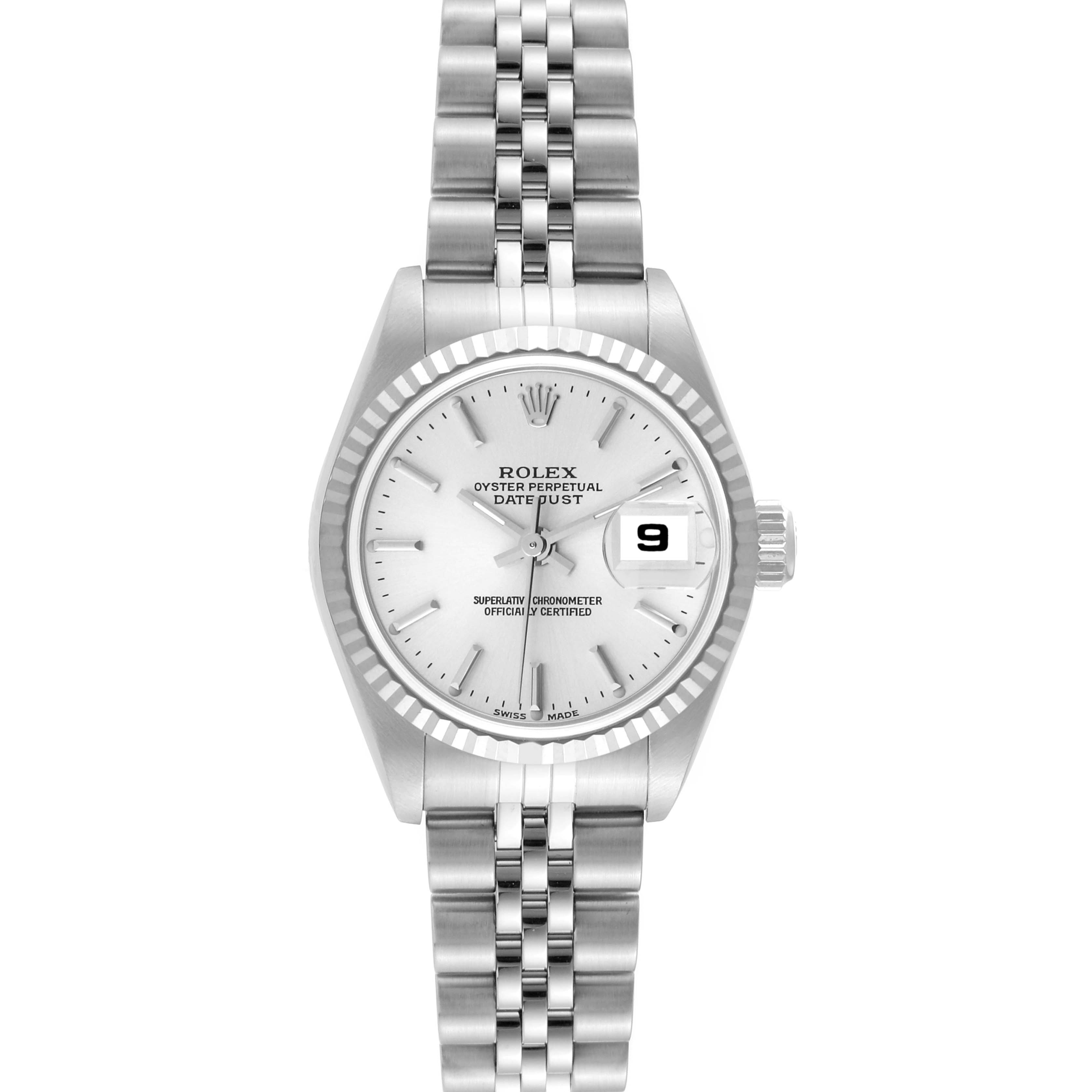 This image shows the front view of the Rolex Datejust 79174 Women
s Stainless Steel Silver Dial 79174 Women
s Stainless Steel Silver Dial, featuring a silver dial, fluted bezel, and jubilee bracelet.