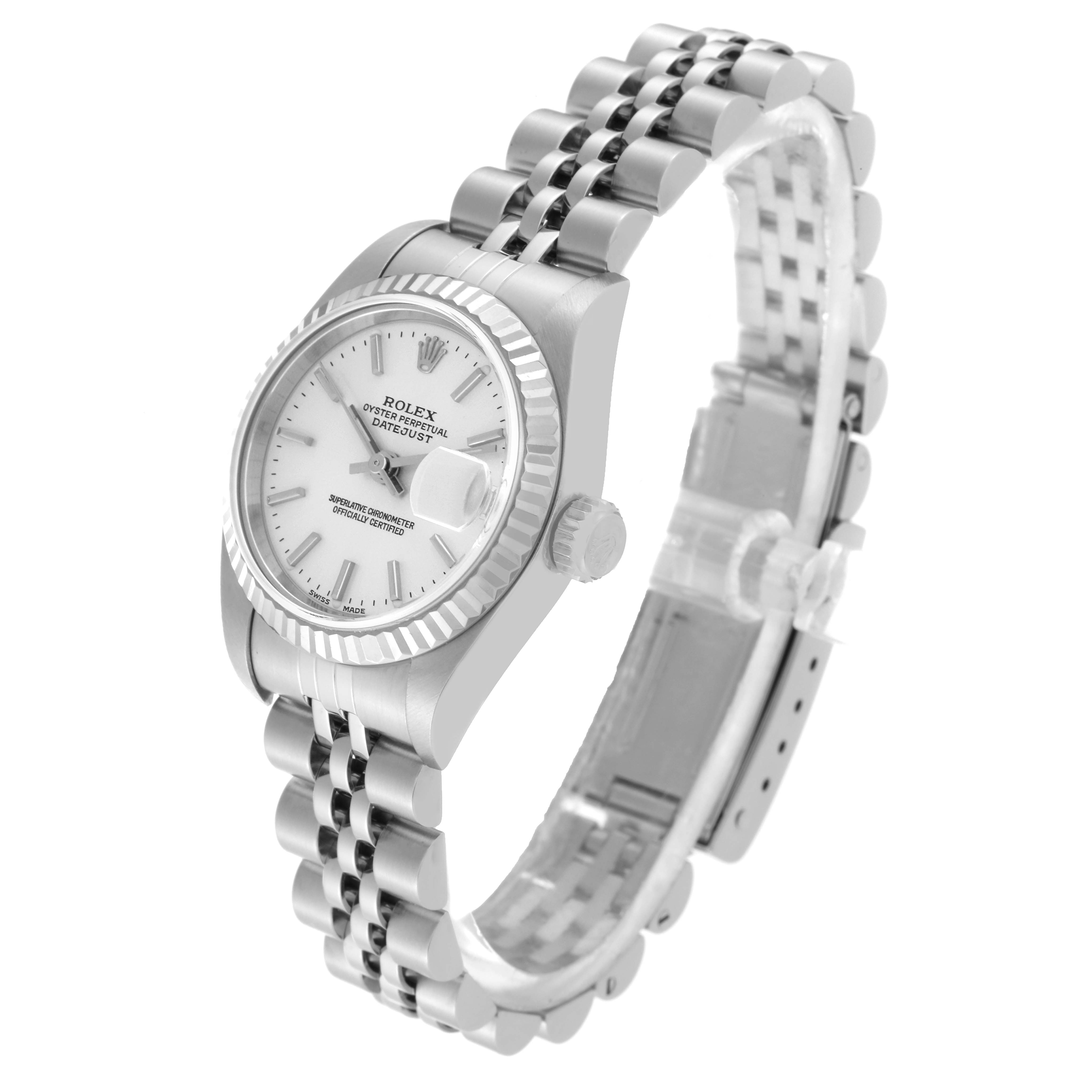 The image shows a three-quarter view of a Rolex Datejust 79174 Women
s Stainless Steel Silver Dial 79174 Women
s Stainless Steel Silver Dial watch, highlighting the face, bezel, and bracelet.