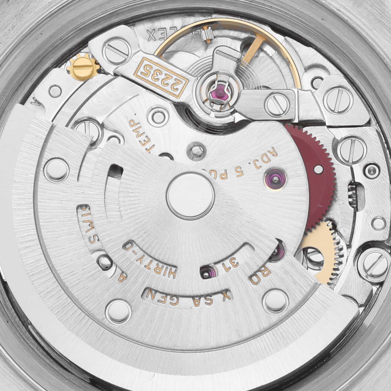 The image shows a close-up of the internal movement mechanism of a Rolex Datejust 79174 Women
s Stainless Steel Silver Dial 79174 Women
s Stainless Steel Silver Dial watch.
